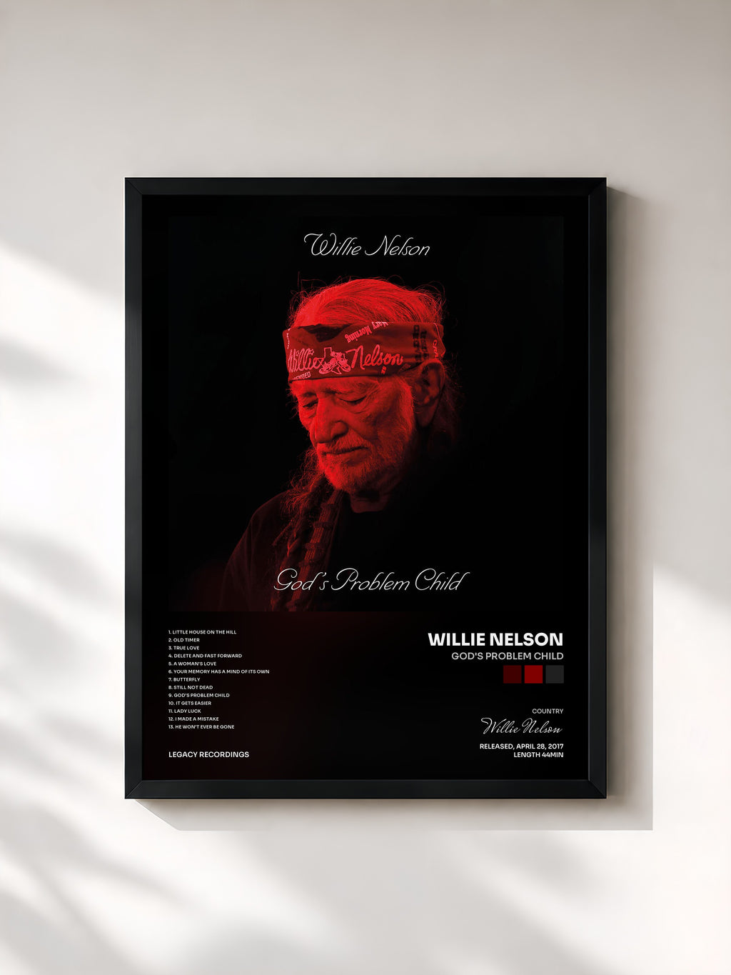 #noir Tableau de l'album God's Problem Child de Willie Nelson, cadre noir, imprimé et encadré en France