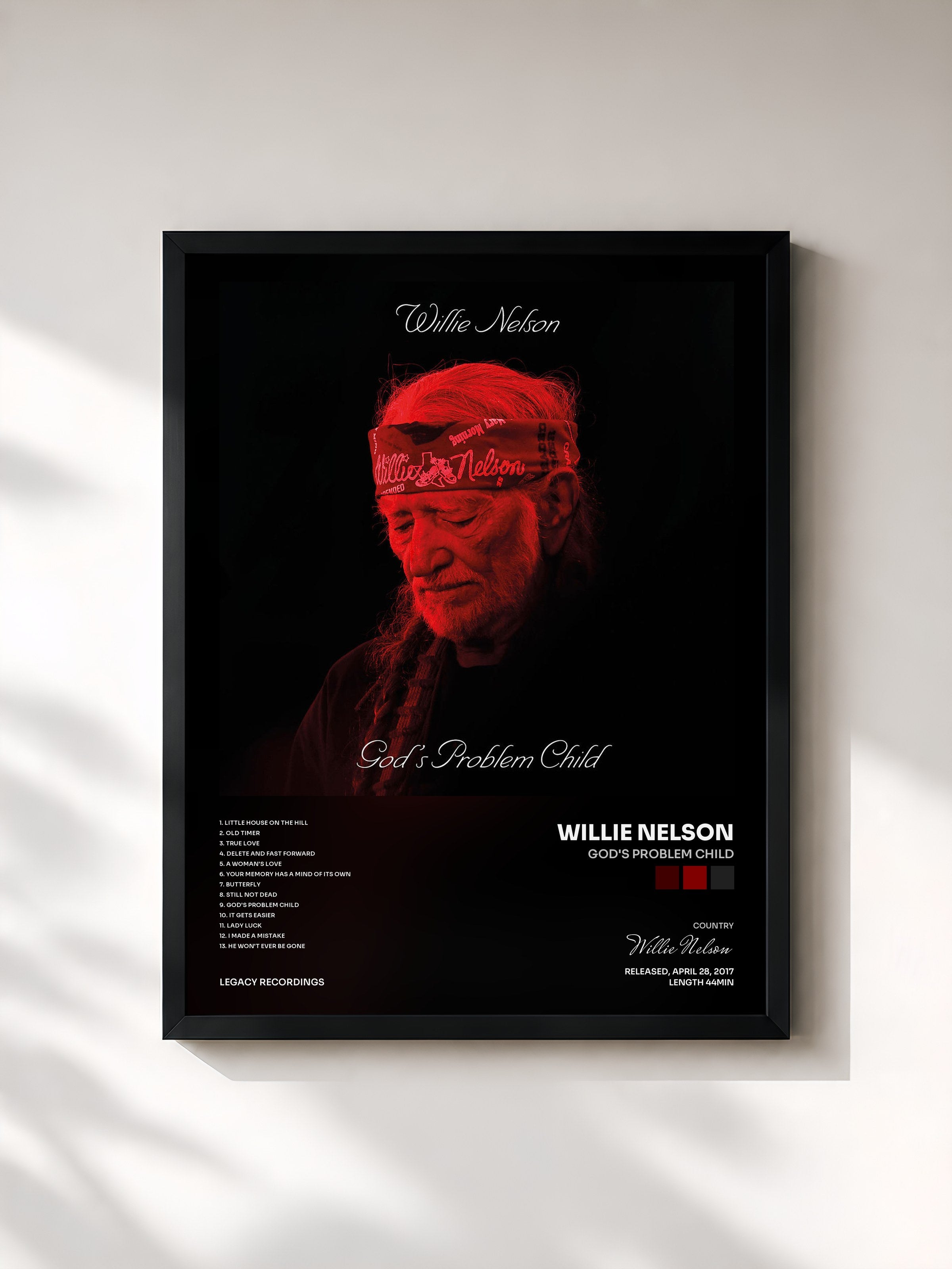 #noir Tableau de l'album God's Problem Child de Willie Nelson, cadre noir, imprimé et encadré en France