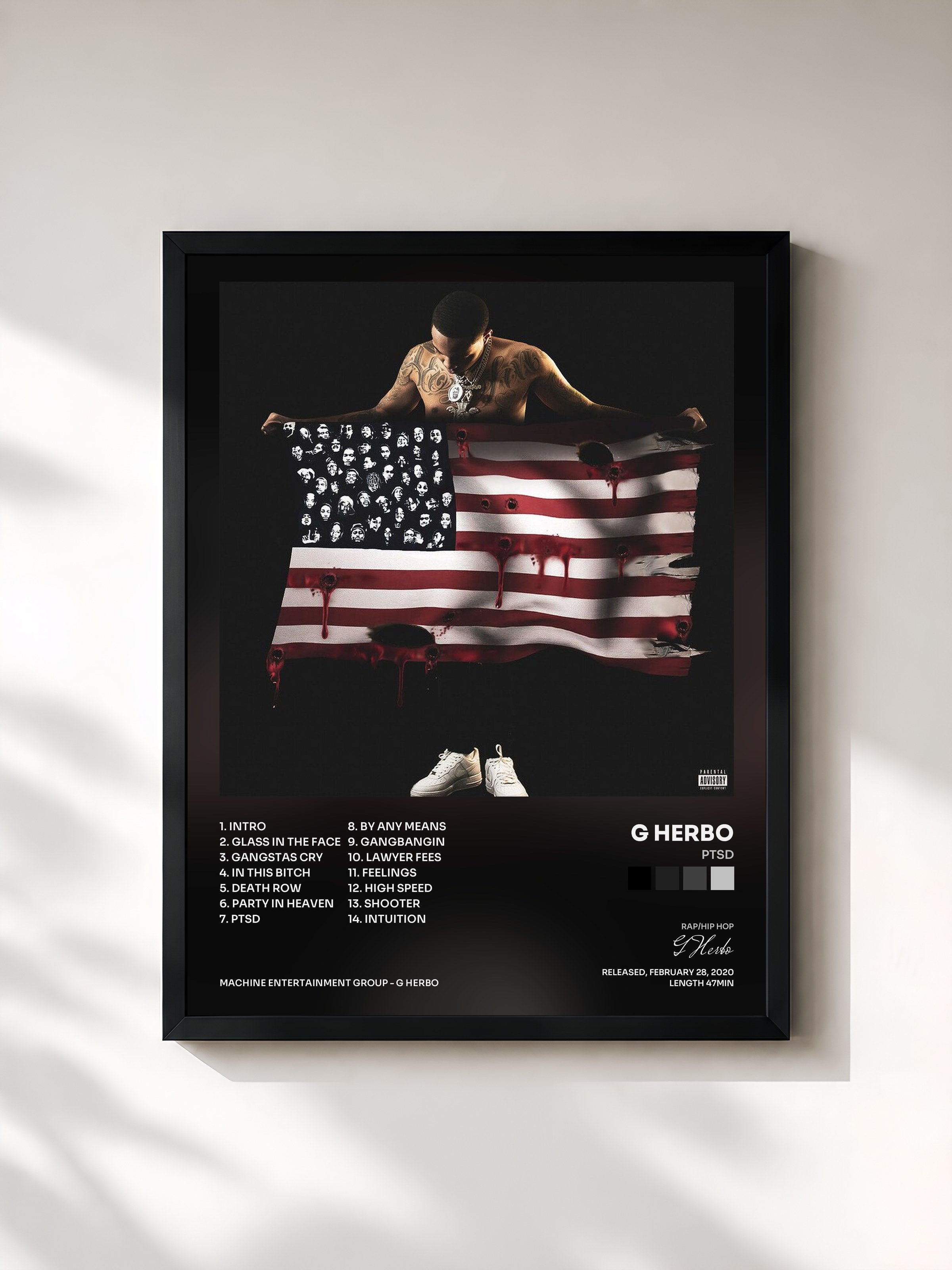 #noir Tableau de l'album PTSD de G Herbo, cadre noir, imprimé et encadré en France