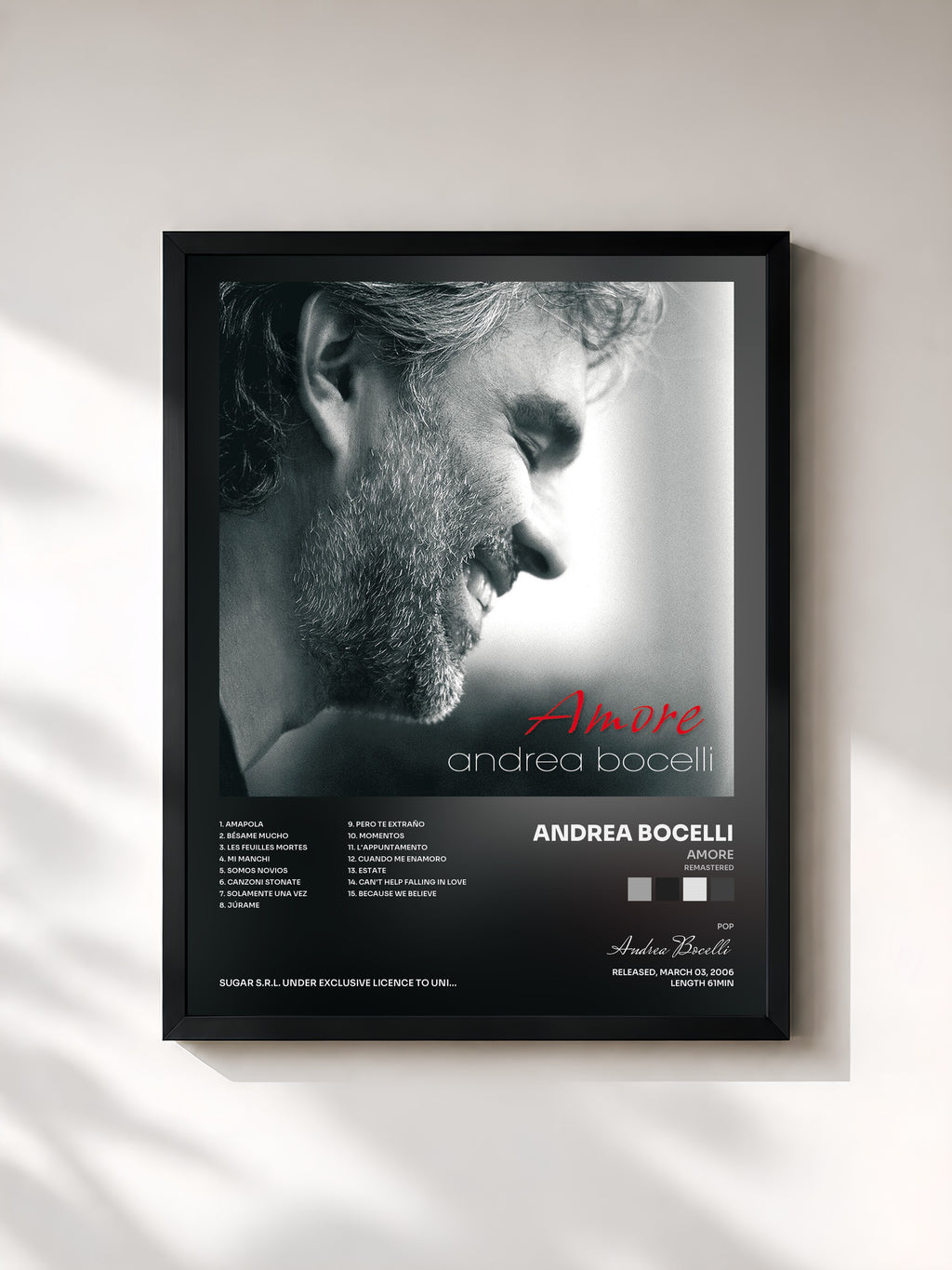 #noir Tableau de l'album Amore (Remastered) de Andrea Bocelli, cadre noir, imprimé et encadré en France