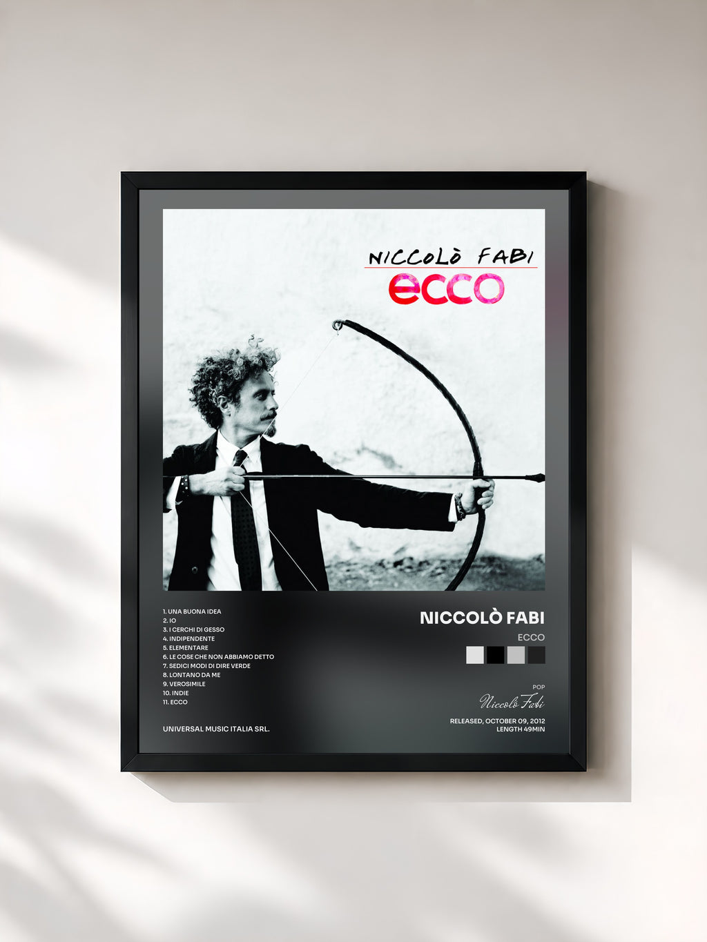#noir Tableau de l'album Ecco de Niccolò Fabi, cadre noir, imprimé et encadré en France