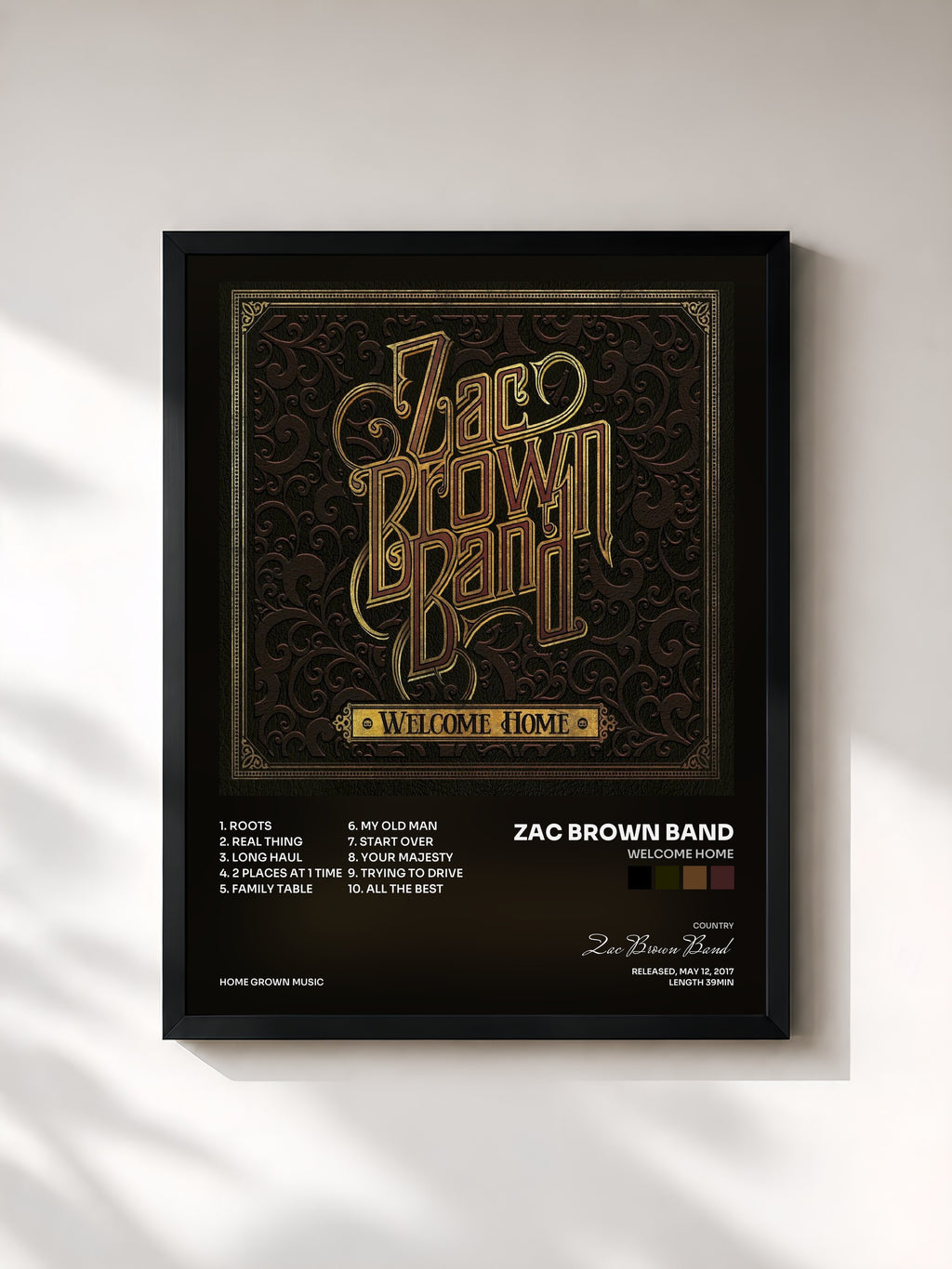 #noir Tableau de l'album Welcome Home de Zac Brown Band, cadre noir, imprimé et encadré en France