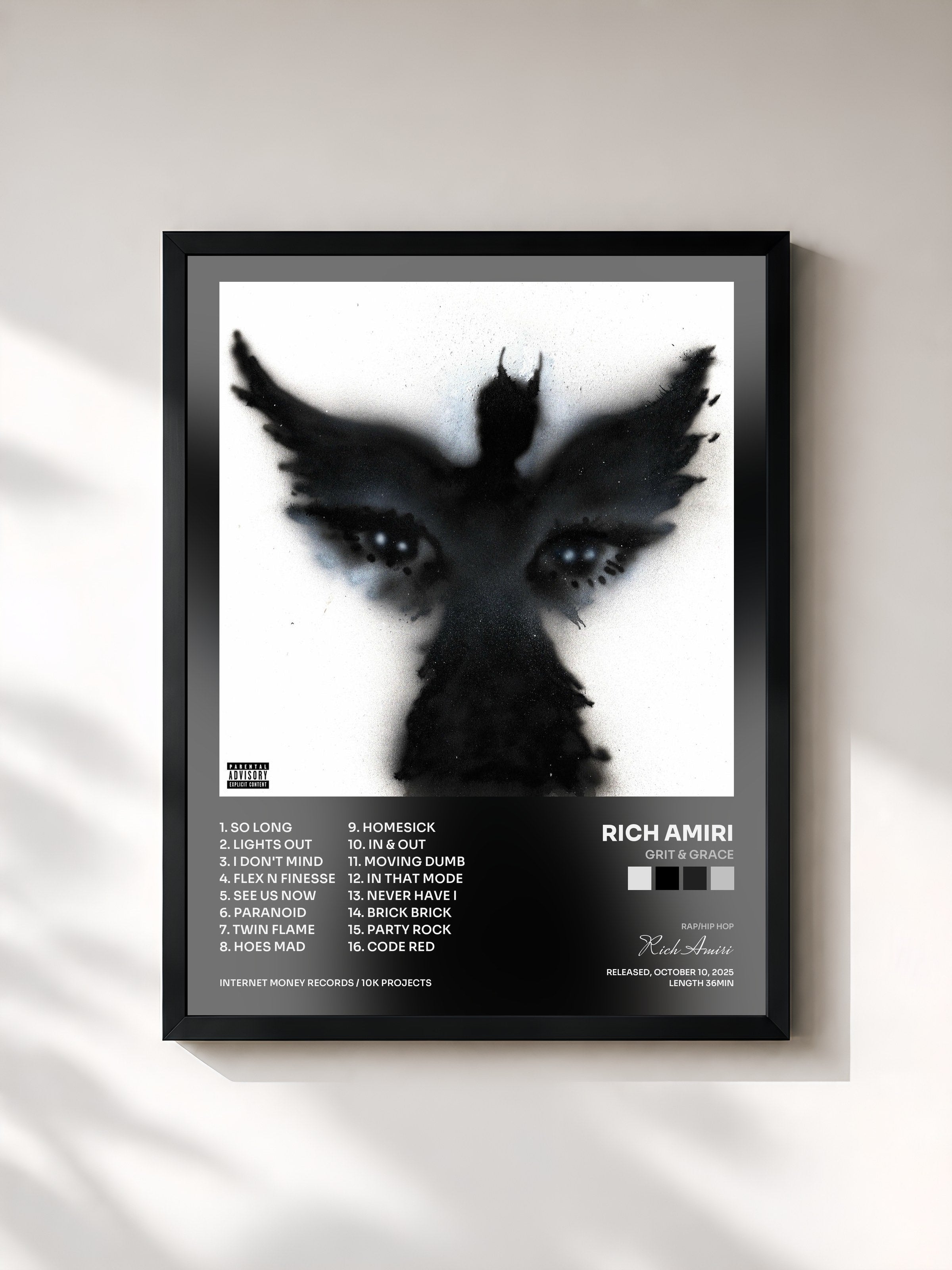 #noir Tableau de l'album Grit & Grace de Rich Amiri, cadre noir, imprimé et encadré en France