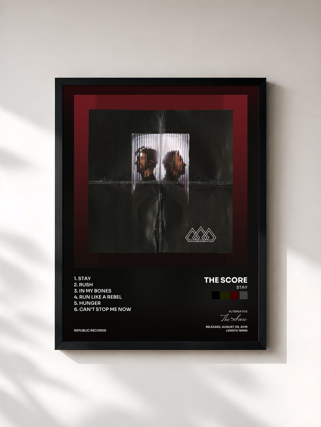 #noir Tableau de l'album Stay de The Score, cadre noir, imprimé et encadré en France