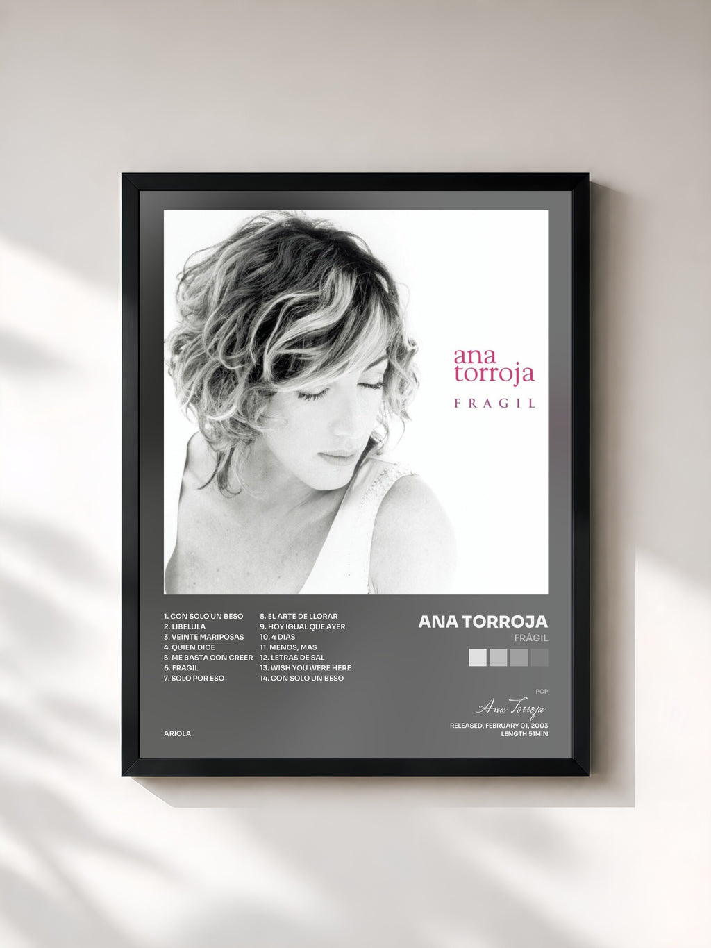 #noir Tableau de l'album Frágil de Ana Torroja, cadre noir, imprimé et encadré en France