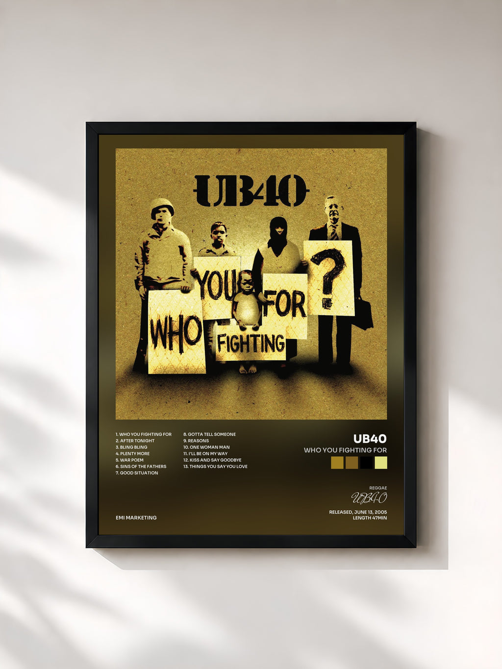 #noir Tableau de l'album Who You Fighting For de UB40, cadre noir, imprimé et encadré en France