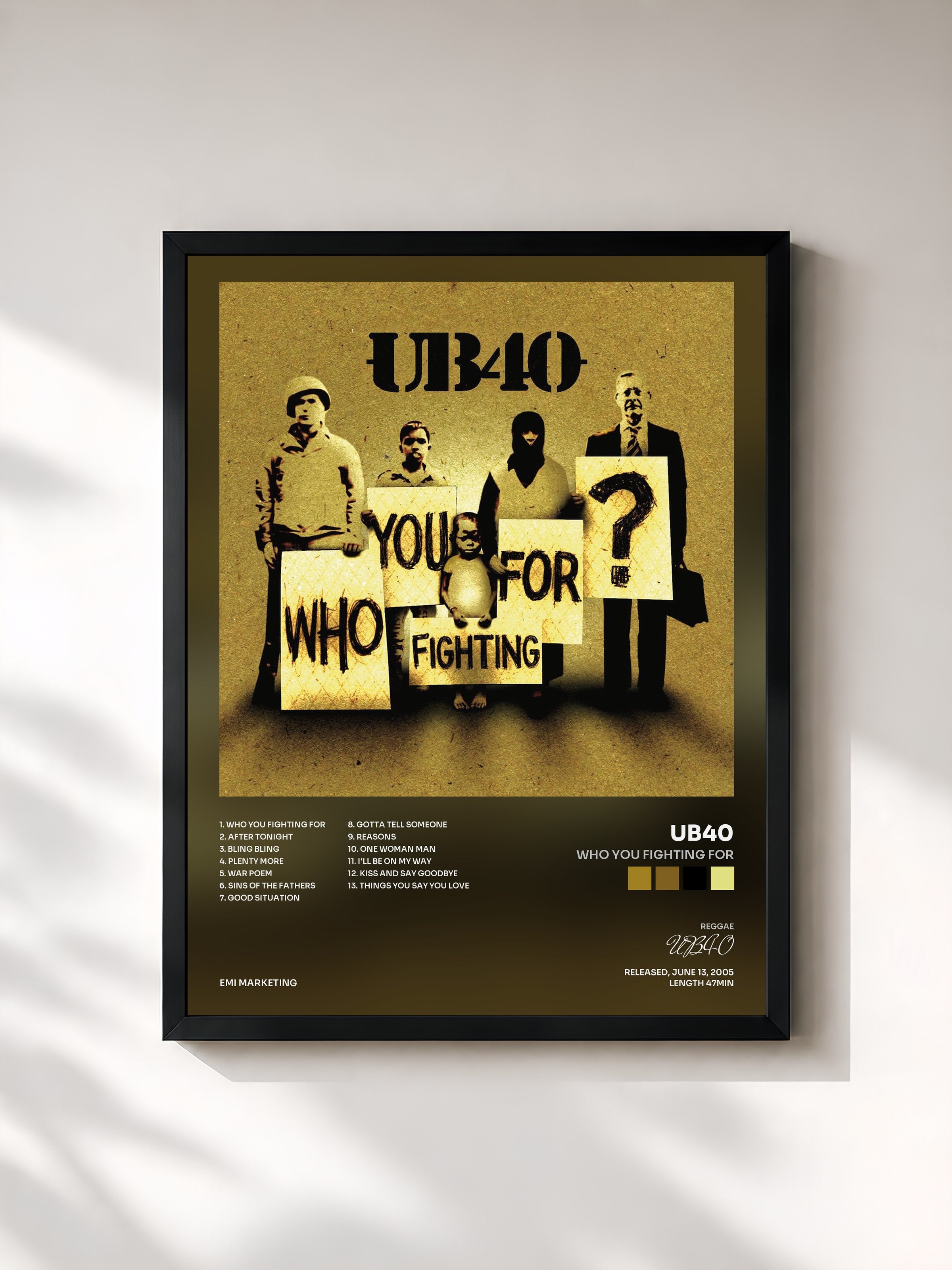 #noir Tableau de l'album Who You Fighting For de UB40, cadre noir, imprimé et encadré en France