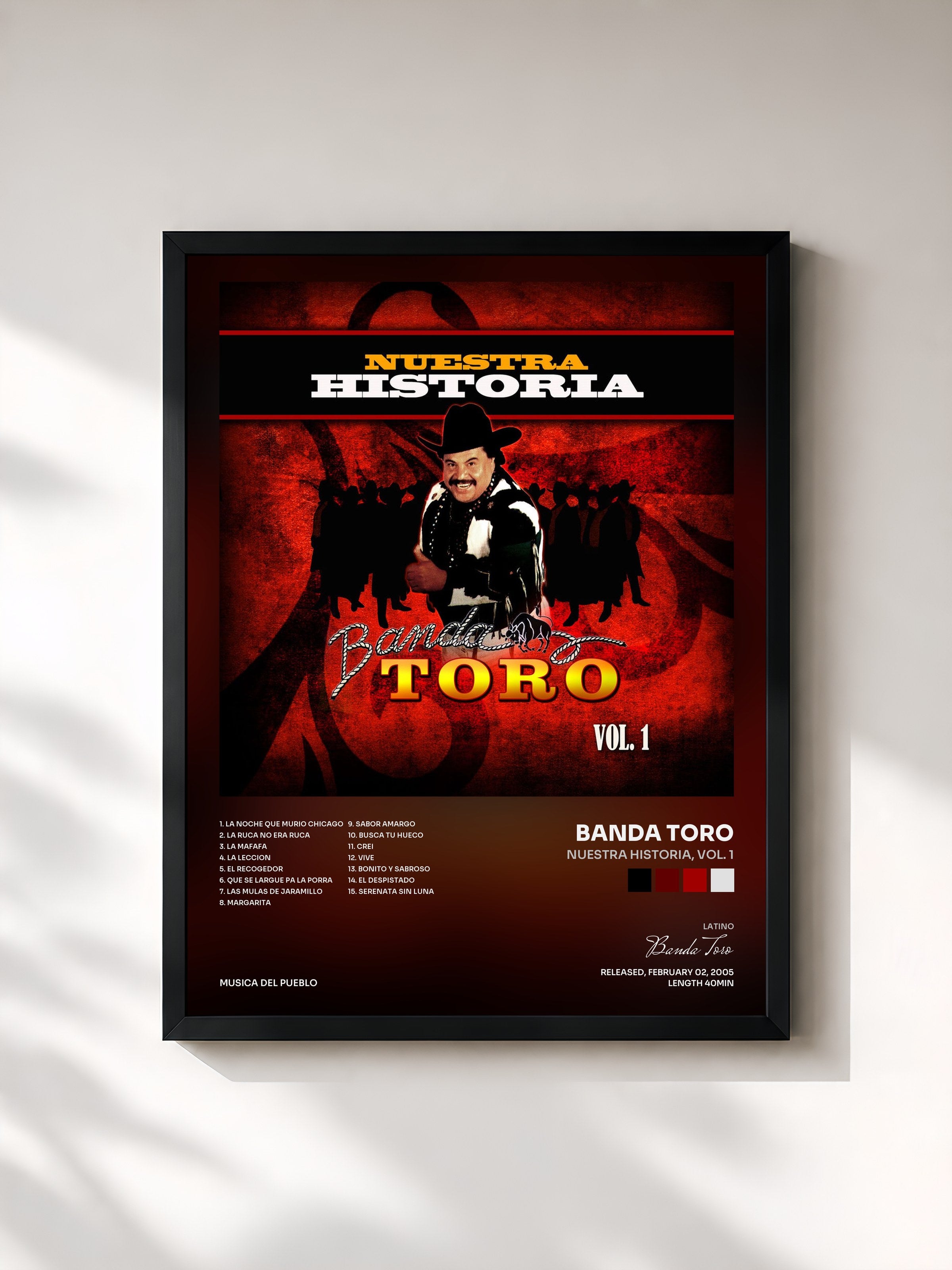 #noir Tableau de l'album Nuestra Historia, Vol. 1 de Banda Toro, cadre noir, imprimé et encadré en France