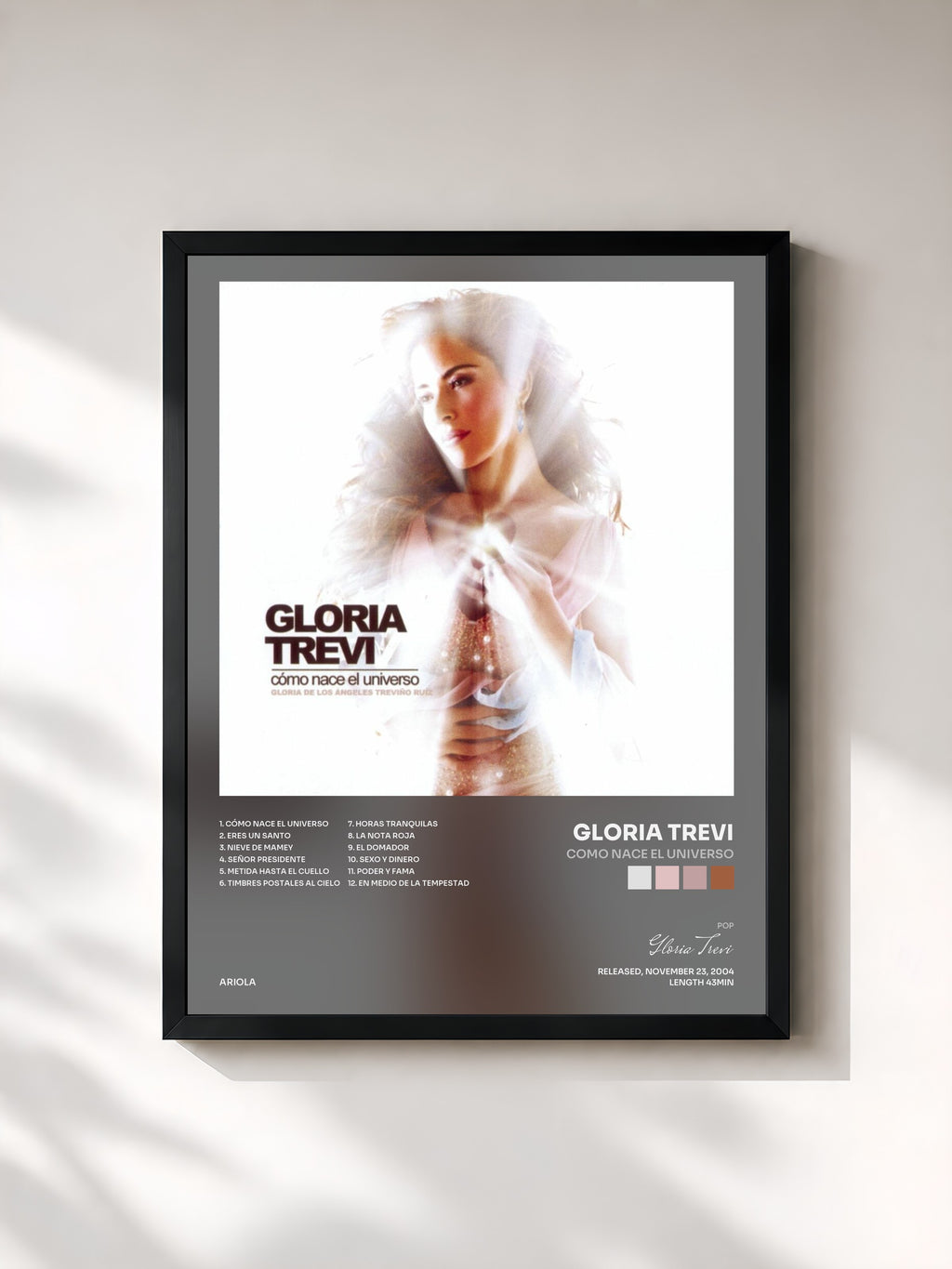 #noir Tableau de l'album Como Nace El Universo de Gloria Trevi, cadre noir, imprimé et encadré en France