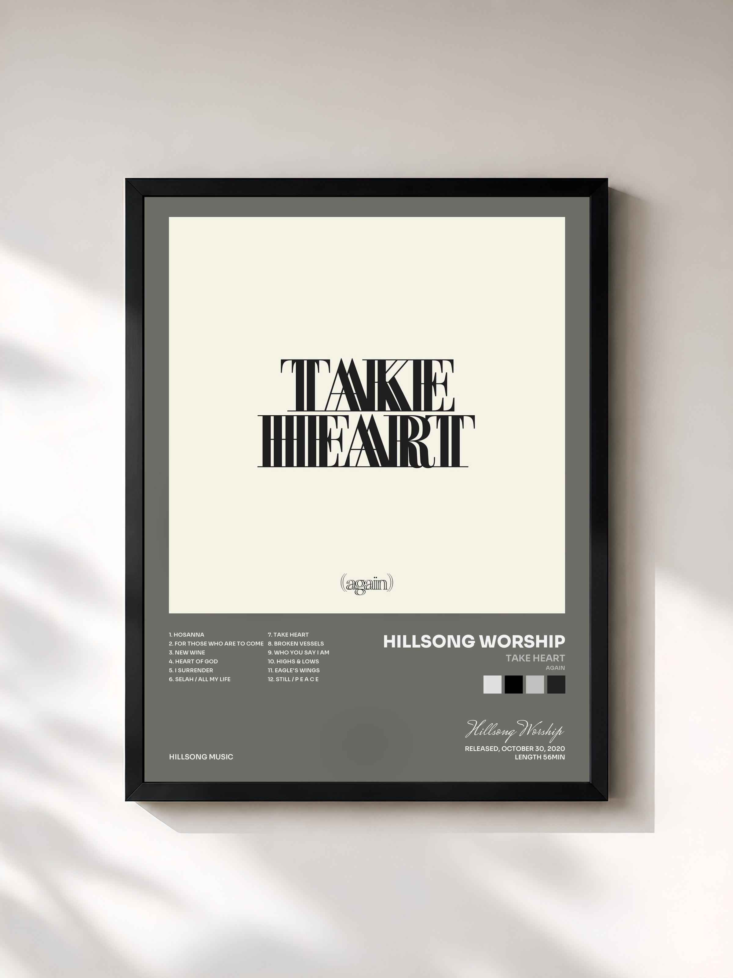 #noir Tableau de l'album Take Heart (Again) de Hillsong Worship, cadre noir, imprimé et encadré en France