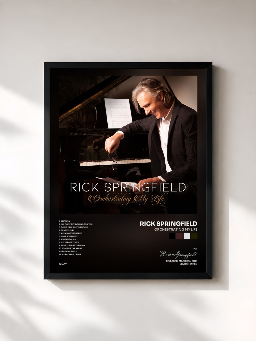 #noir Tableau de l'album Orchestrating My Life de Rick Springfield, cadre noir, imprimé et encadré en France