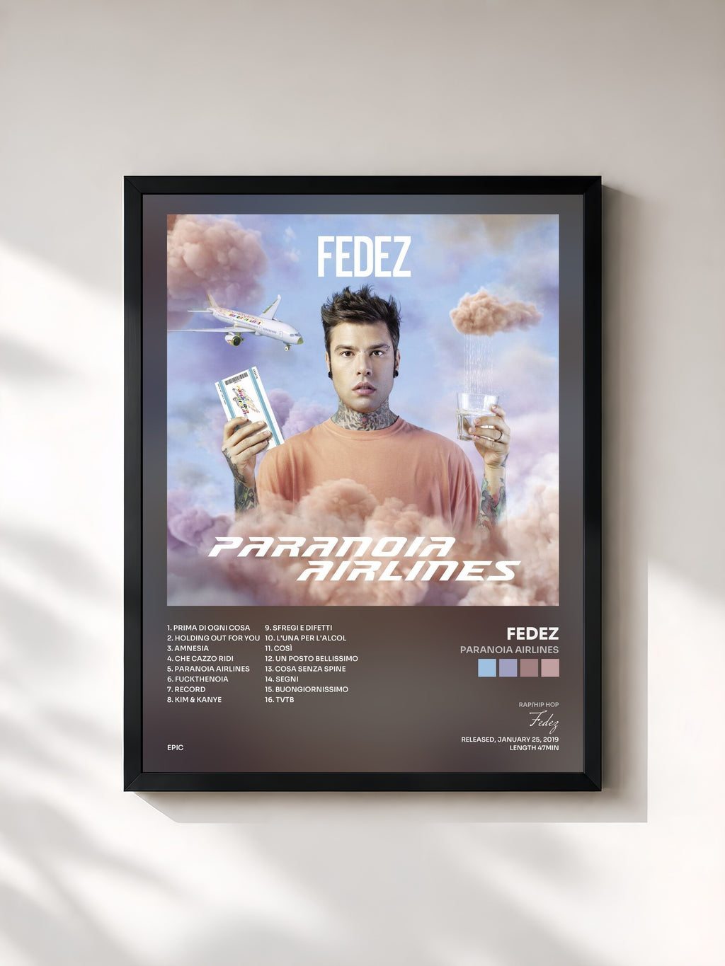#noir Tableau de l'album Paranoia Airlines de Fedez, cadre noir, imprimé et encadré en France