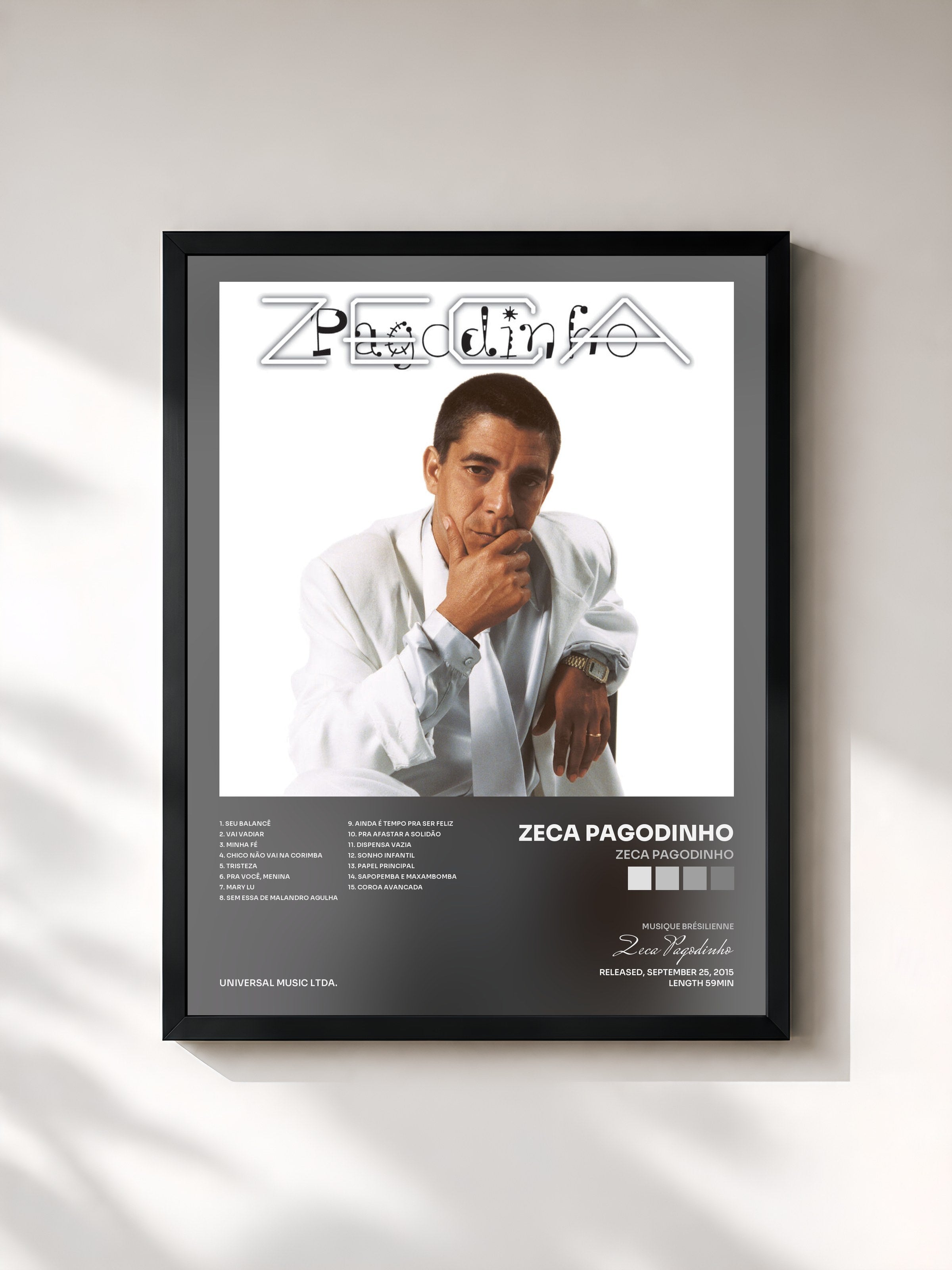 #noir Tableau de l'album Zeca Pagodinho de Zeca Pagodinho, cadre noir, imprimé et encadré en France