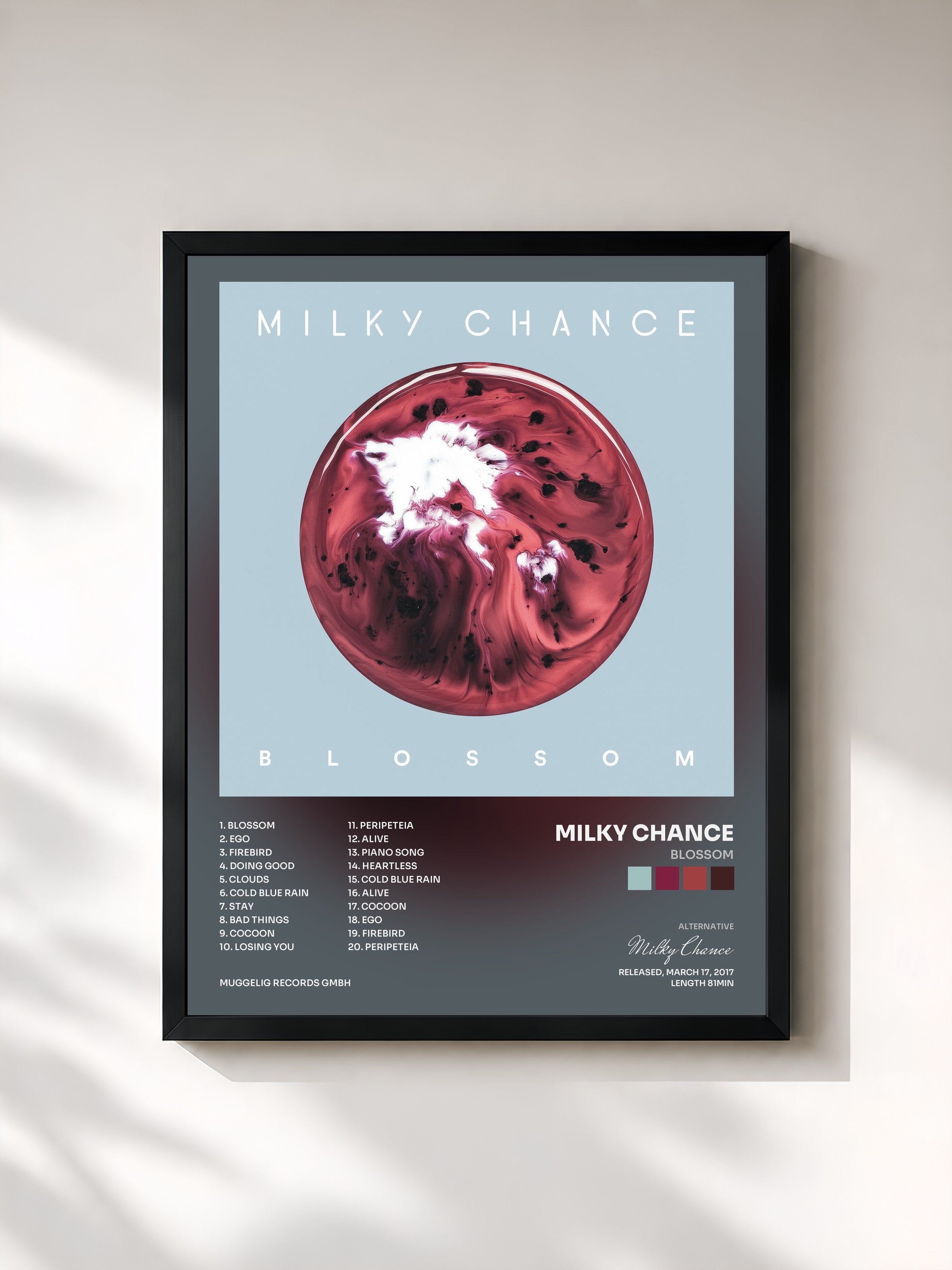 #noir Tableau de l'album Blossom de Milky Chance, cadre noir, imprimé et encadré en France