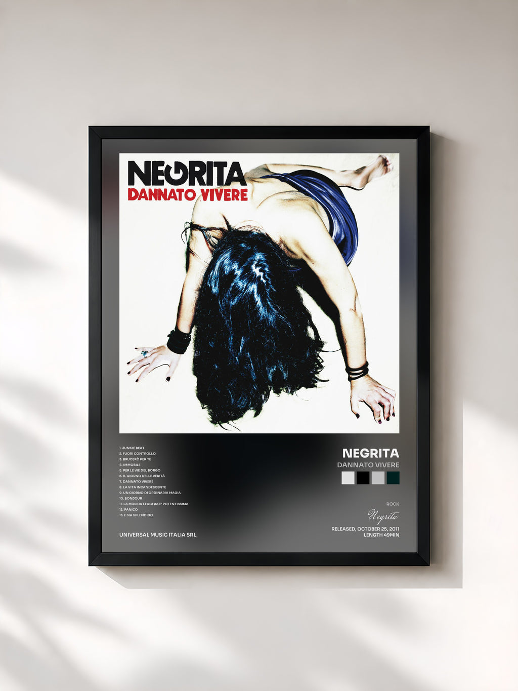 #noir Tableau de l'album Dannato Vivere de Negrita, cadre noir, imprimé et encadré en France