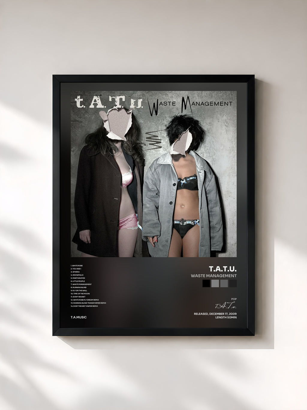 #noir Tableau de l'album Waste Management de t.A.T.u., cadre noir, imprimé et encadré en France