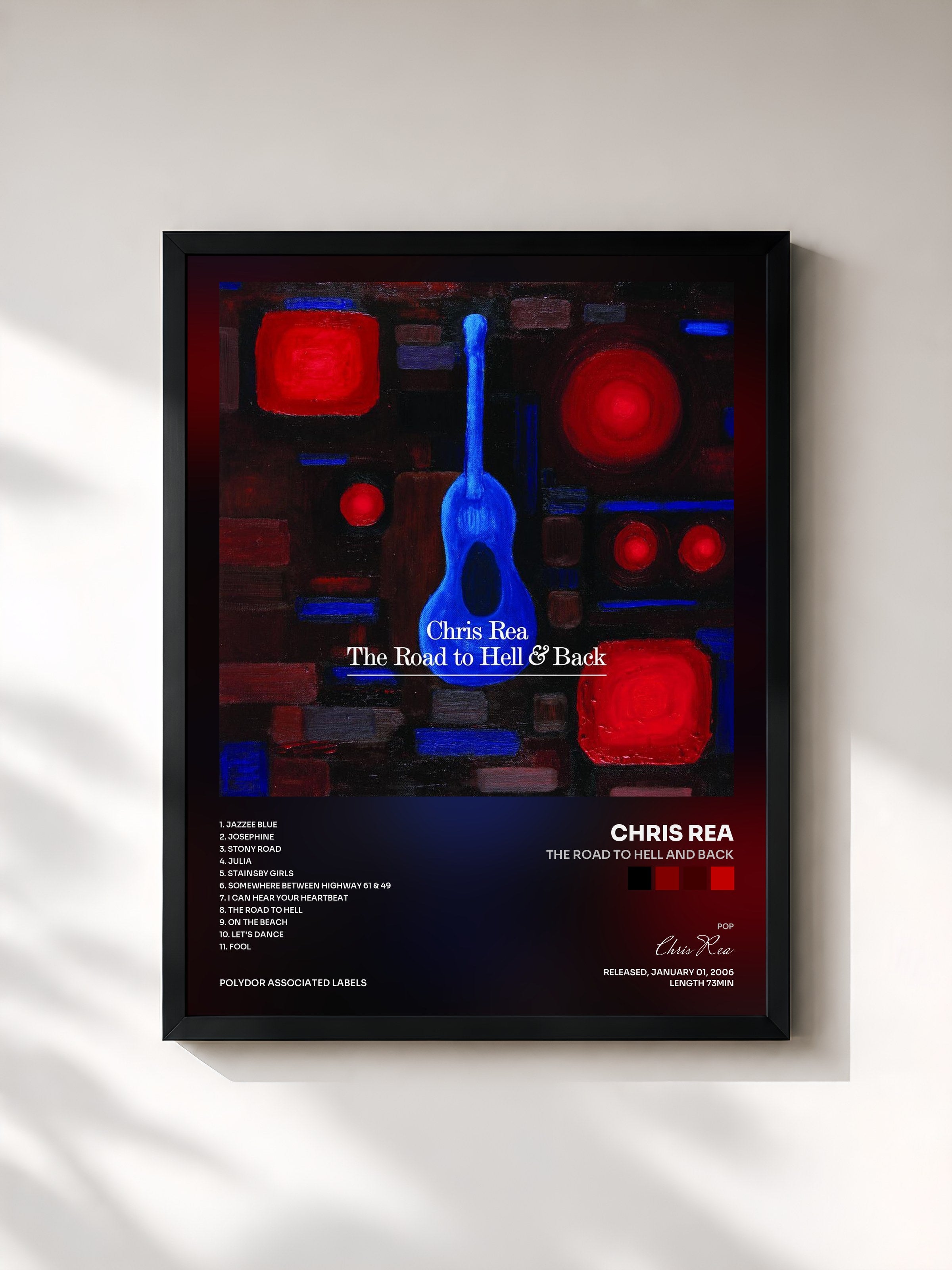 #noir Tableau de l'album The Road To Hell And Back de Chris Rea, cadre noir, imprimé et encadré en France