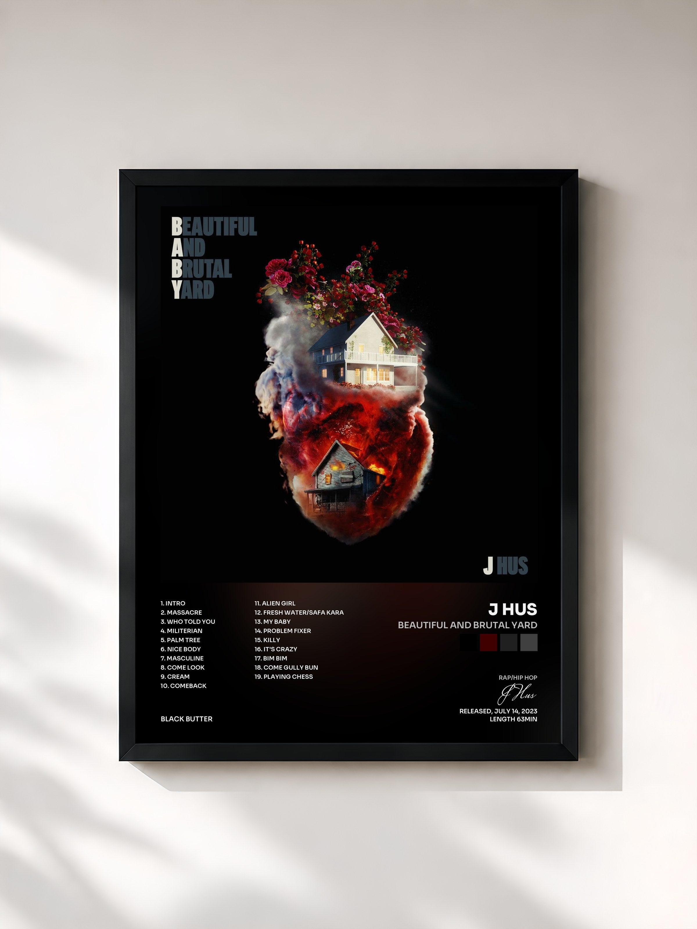 #noir Tableau de l'album Beautiful And Brutal Yard de J Hus, cadre noir, imprimé et encadré en France