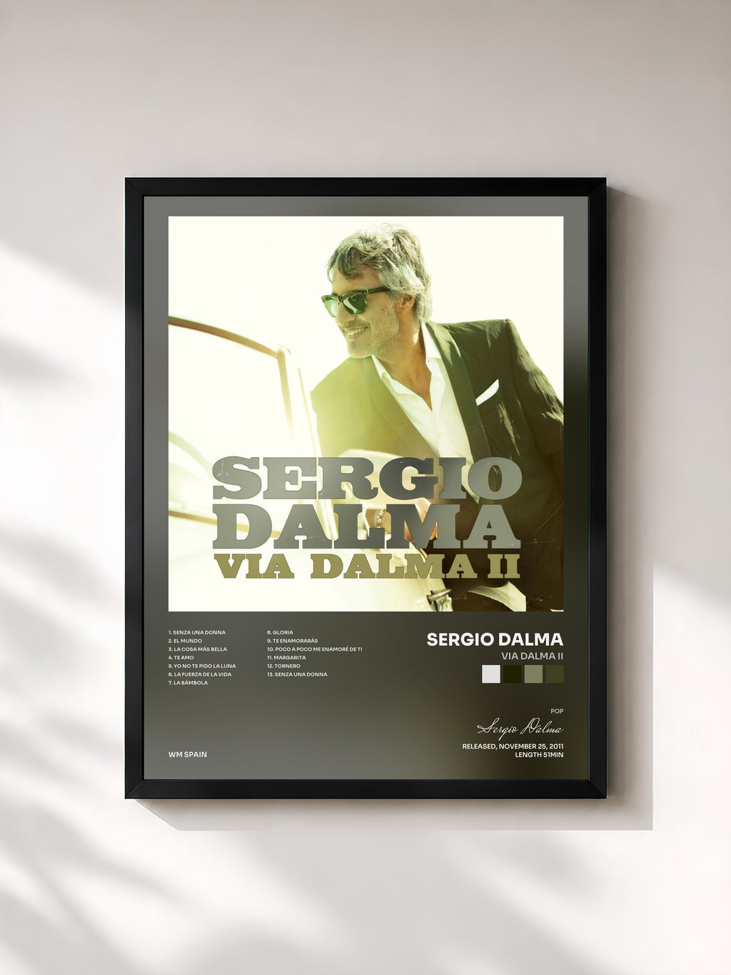 #noir Tableau de l'album Via Dalma II de Sergio Dalma, cadre noir, imprimé et encadré en France