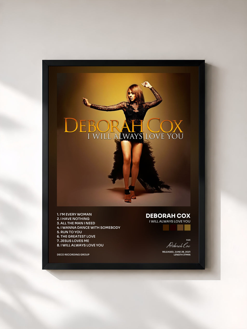 #noir Tableau de l'album I WILL ALWAYS LOVE YOU de Deborah Cox, cadre noir, imprimé et encadré en France