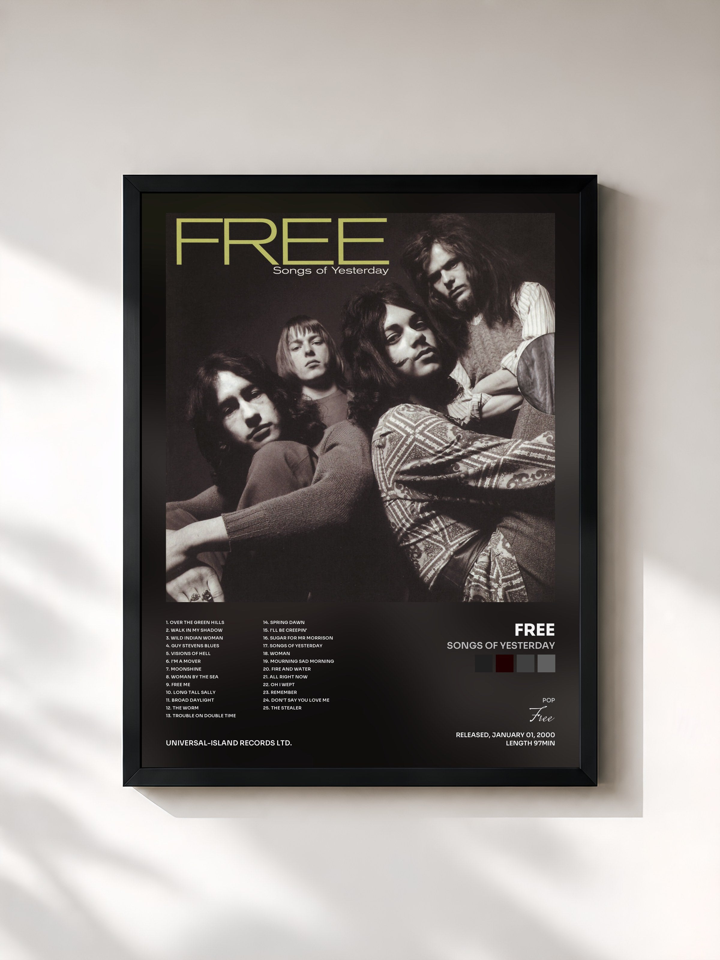 #noir Tableau de l'album Songs Of Yesterday de Free, cadre noir, imprimé et encadré en France