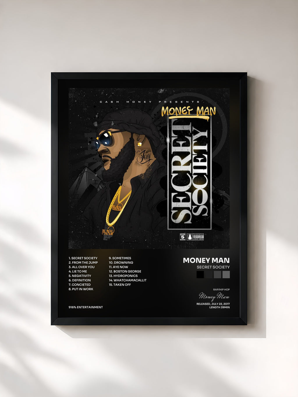 #noir Tableau de l'album Secret Society de Money Man, cadre noir, imprimé et encadré en France