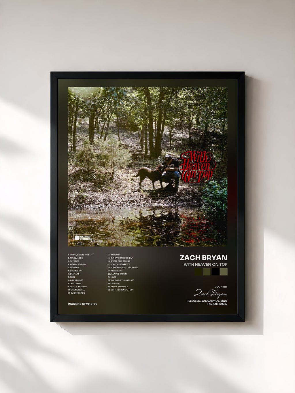 #noir Tableau de l'album With Heaven On Top de Zach Bryan, cadre noir, imprimé et encadré en France