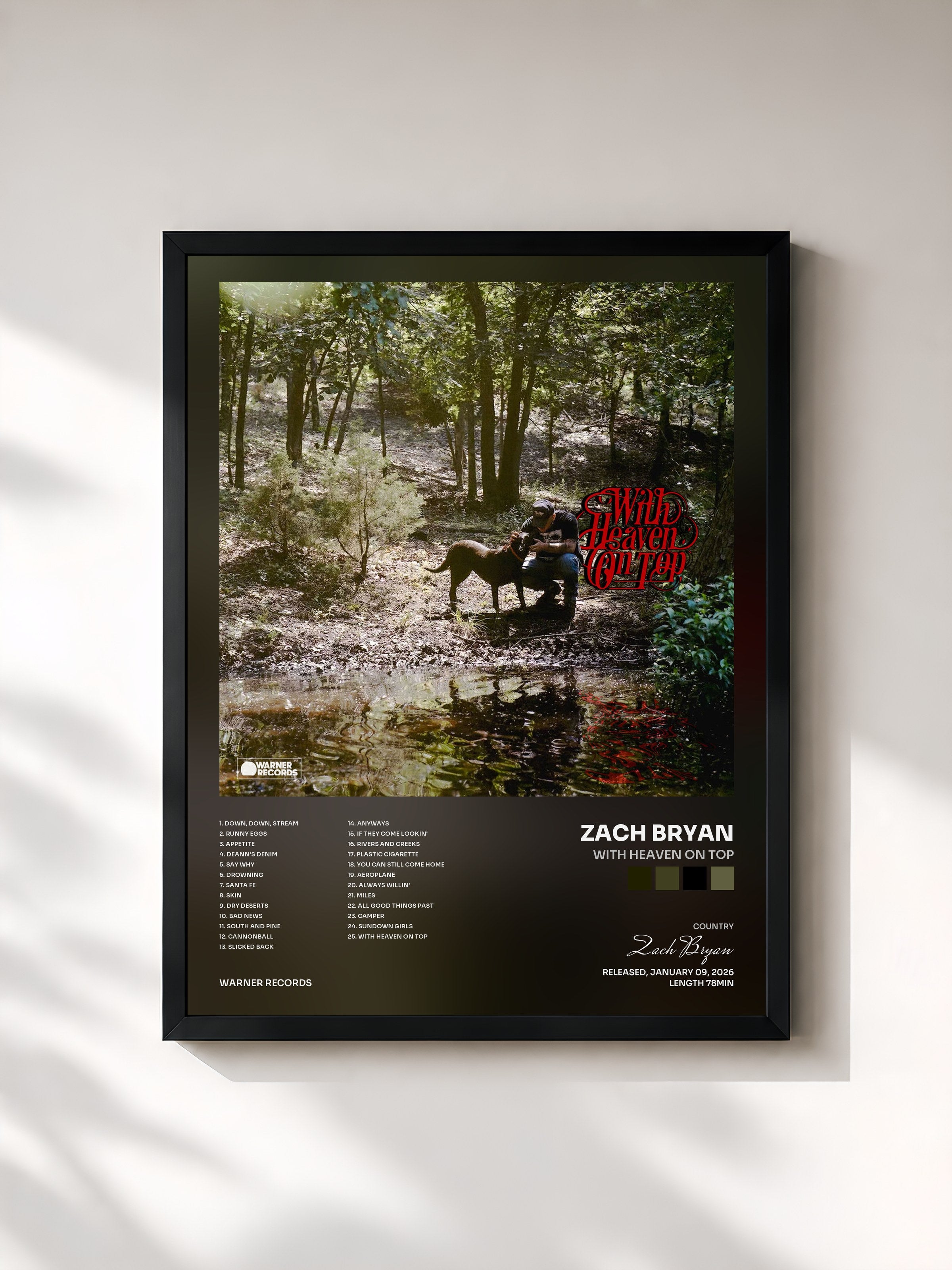 #noir Tableau de l'album With Heaven On Top de Zach Bryan, cadre noir, imprimé et encadré en France