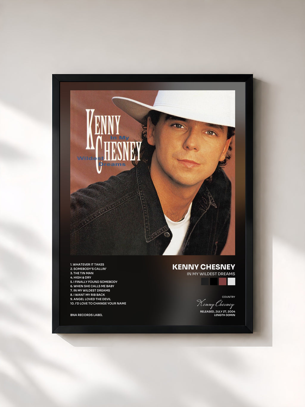 #noir Tableau de l'album In My Wildest Dreams de Kenny Chesney, cadre noir, imprimé et encadré en France
