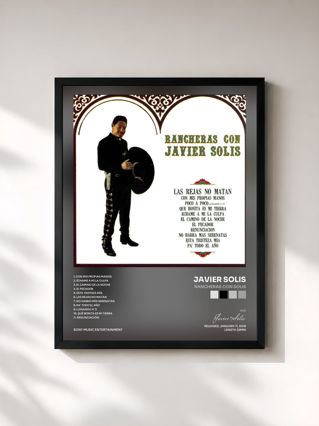 #noir Tableau de l'album Rancheras Con Solis de Javier Solis, cadre noir, imprimé et encadré en France