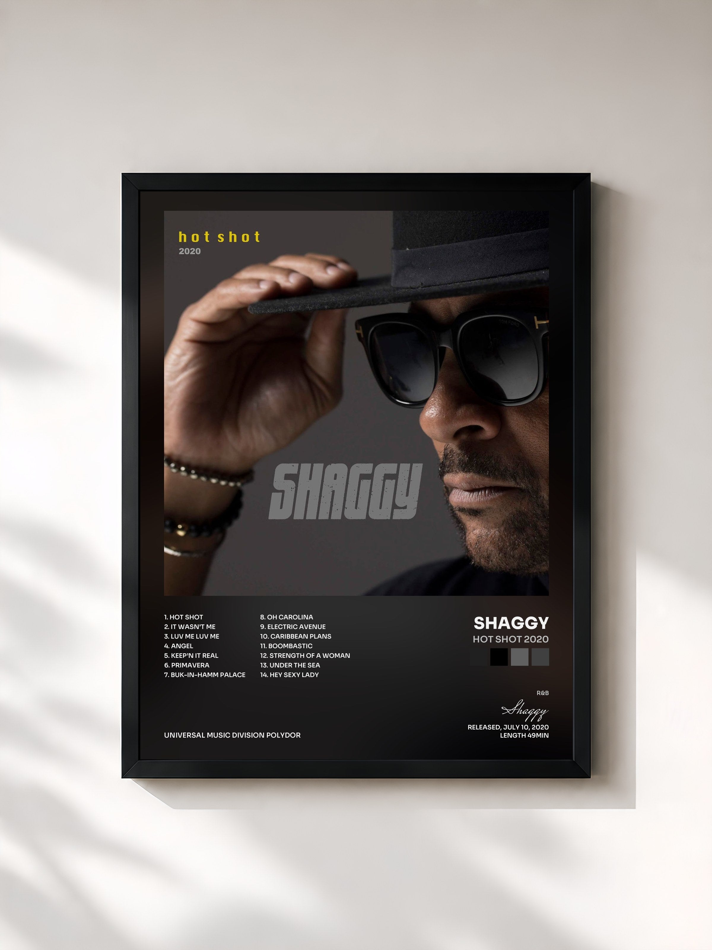 #noir Tableau de l'album Hot Shot 2020 de Shaggy, cadre noir, imprimé et encadré en France