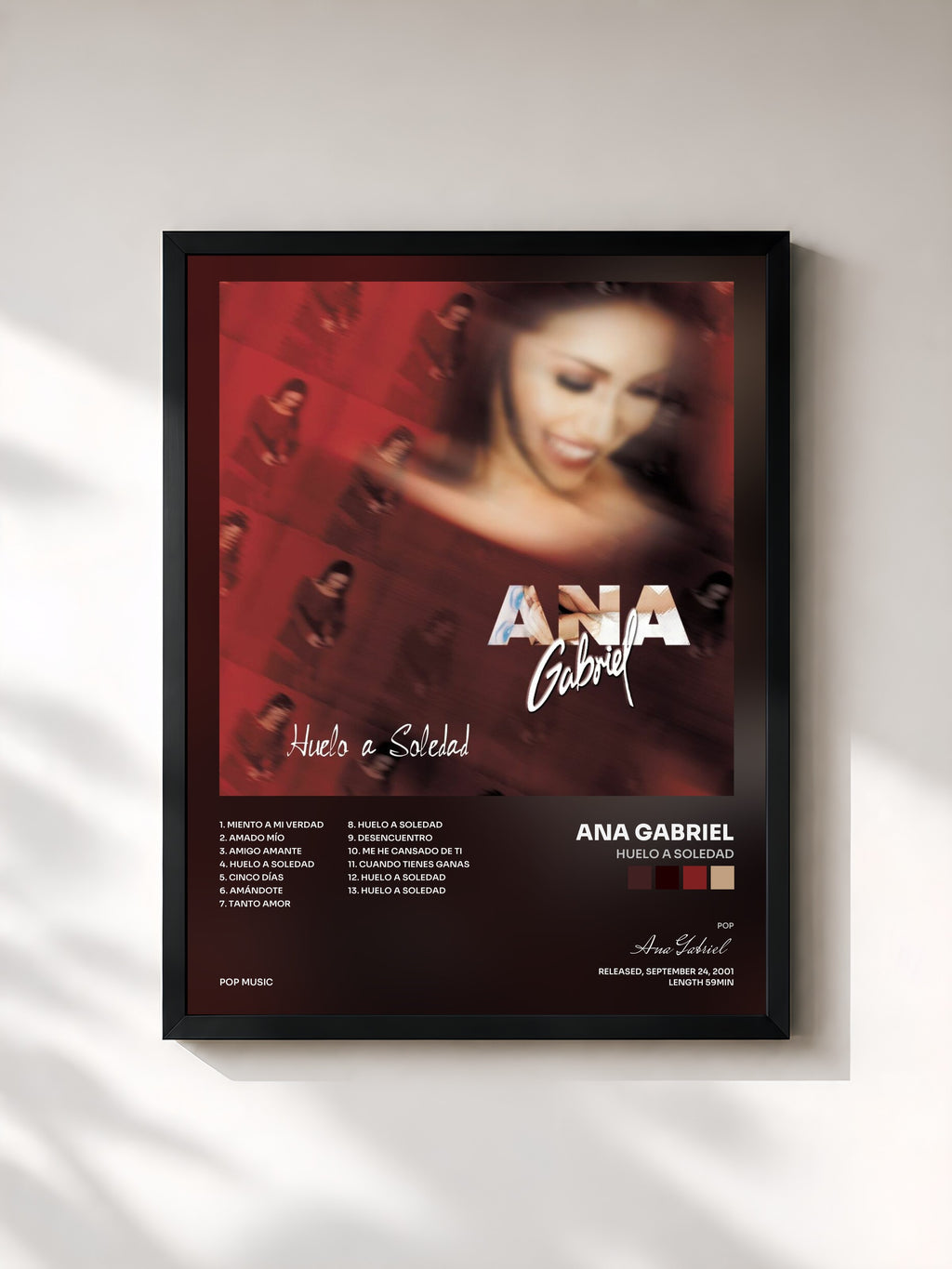 #noir Tableau de l'album Huelo a Soledad de Ana Gabriel, cadre noir, imprimé et encadré en France