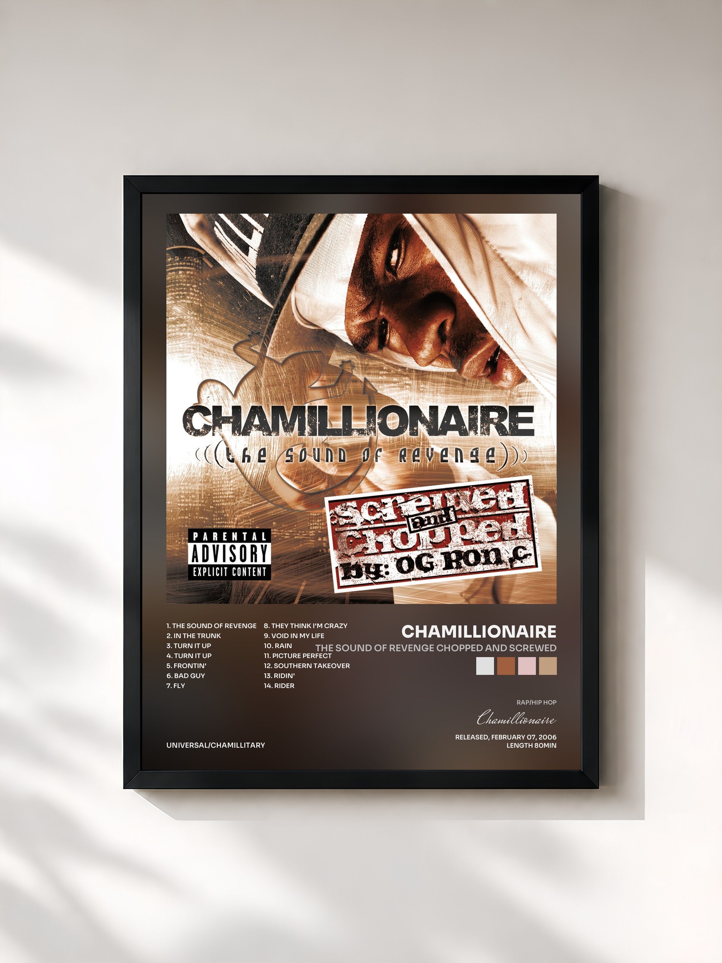 #noir Tableau de l'album The Sound Of Revenge CHOPPED AND SCREWED de Chamillionaire, cadre noir, imprimé et encadré en France
