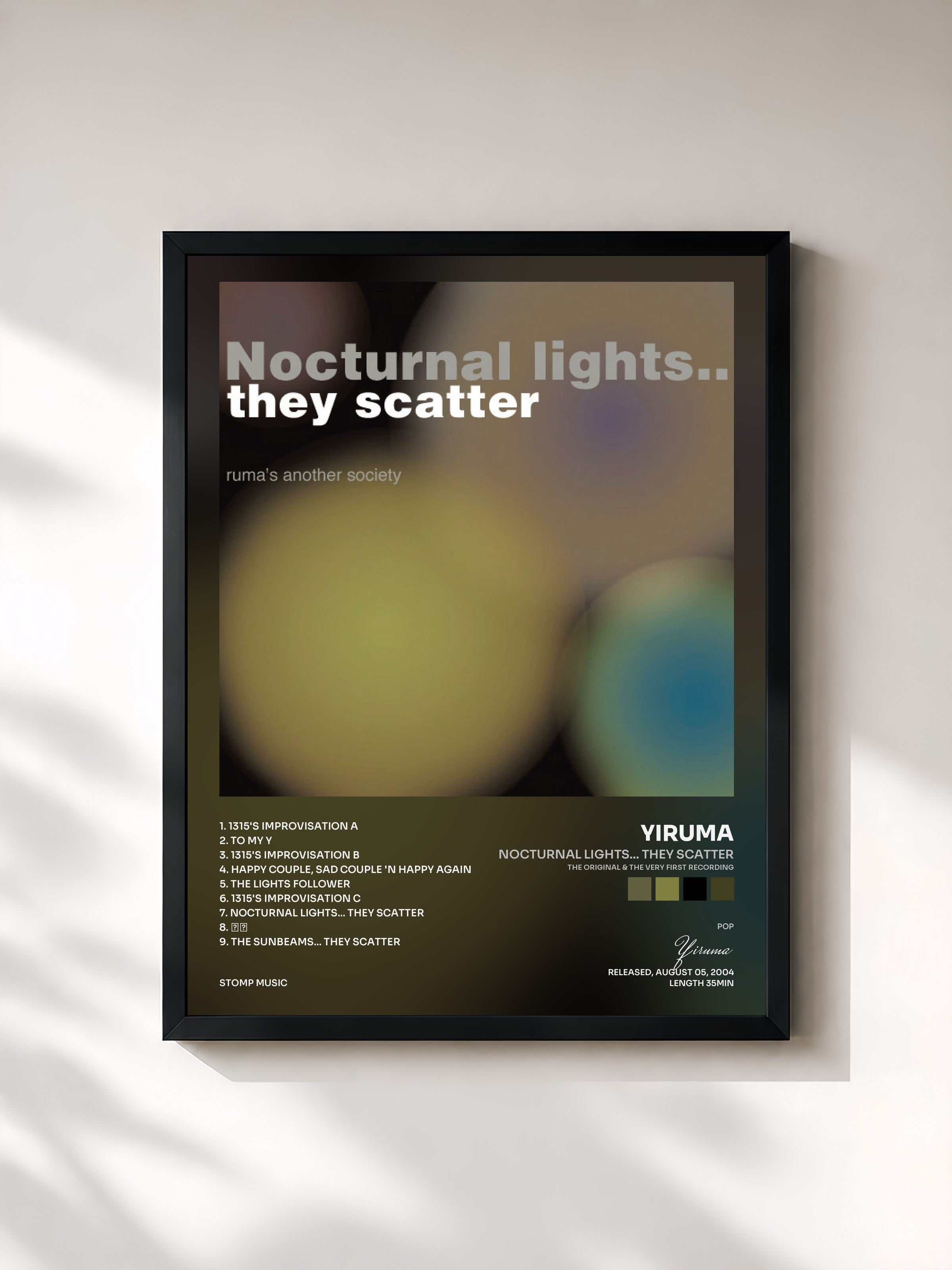 #noir Tableau de l'album Nocturnal Lights... They Scatter (The Original & the Very First Recording) de Yiruma, cadre noir, imprimé et encadré en France