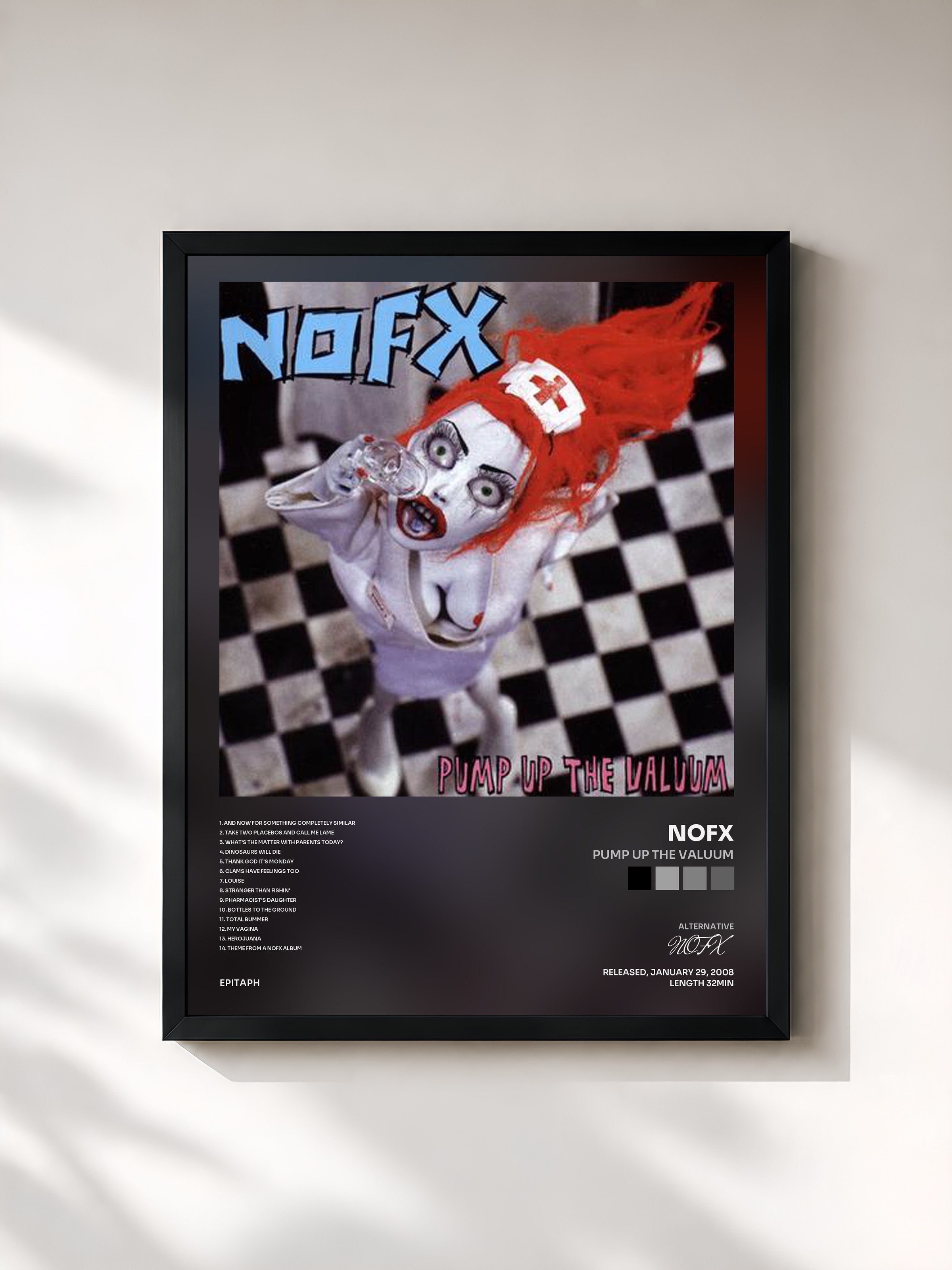 #noir Tableau de l'album Pump Up The Valuum de NOFX, cadre noir, imprimé et encadré en France