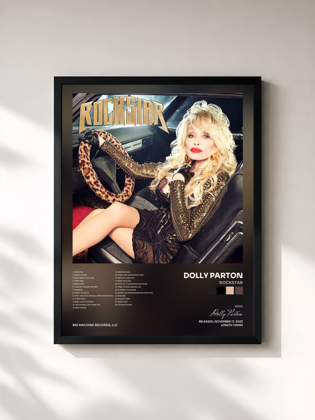 #noir Tableau de l'album Rockstar de Dolly Parton, cadre noir, imprimé et encadré en France