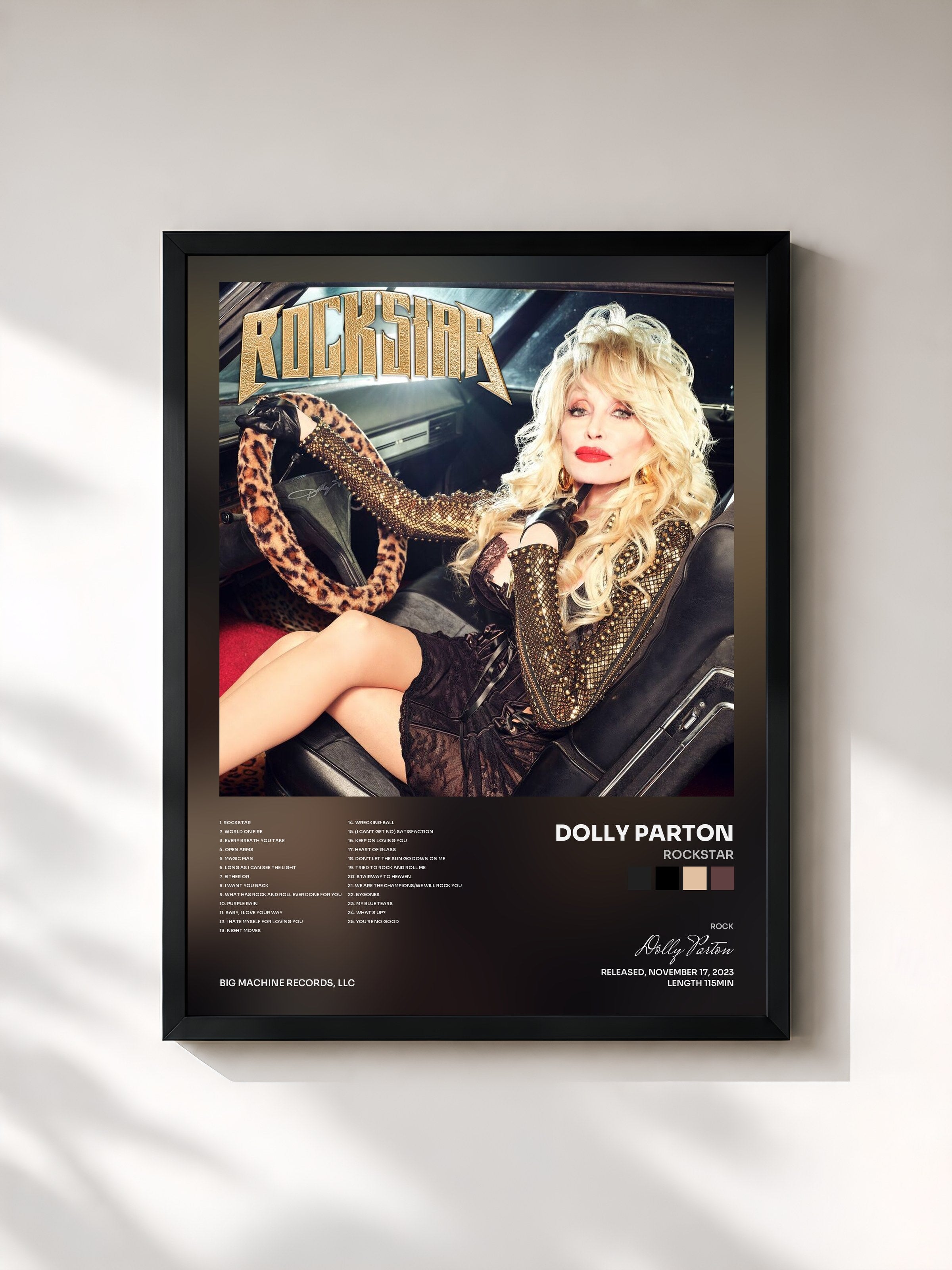 #noir Tableau de l'album Rockstar de Dolly Parton, cadre noir, imprimé et encadré en France