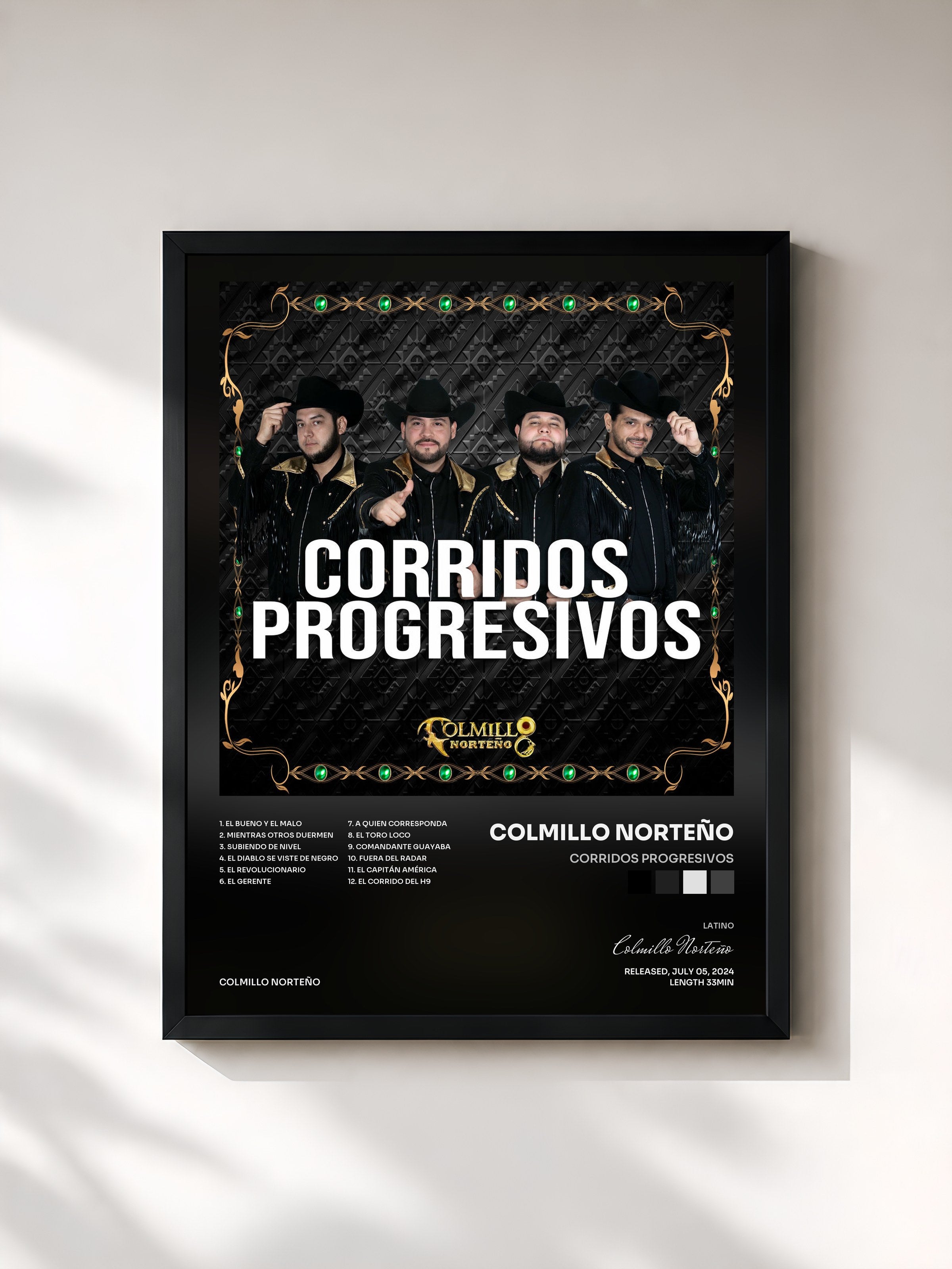 #noir Tableau de l'album Corridos Progresivos de Colmillo Norteño, cadre noir, imprimé et encadré en France