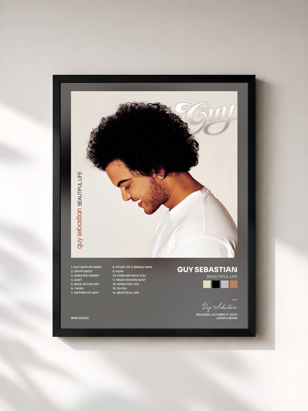#noir Tableau de l'album Beautiful Life de Guy Sebastian, cadre noir, imprimé et encadré en France