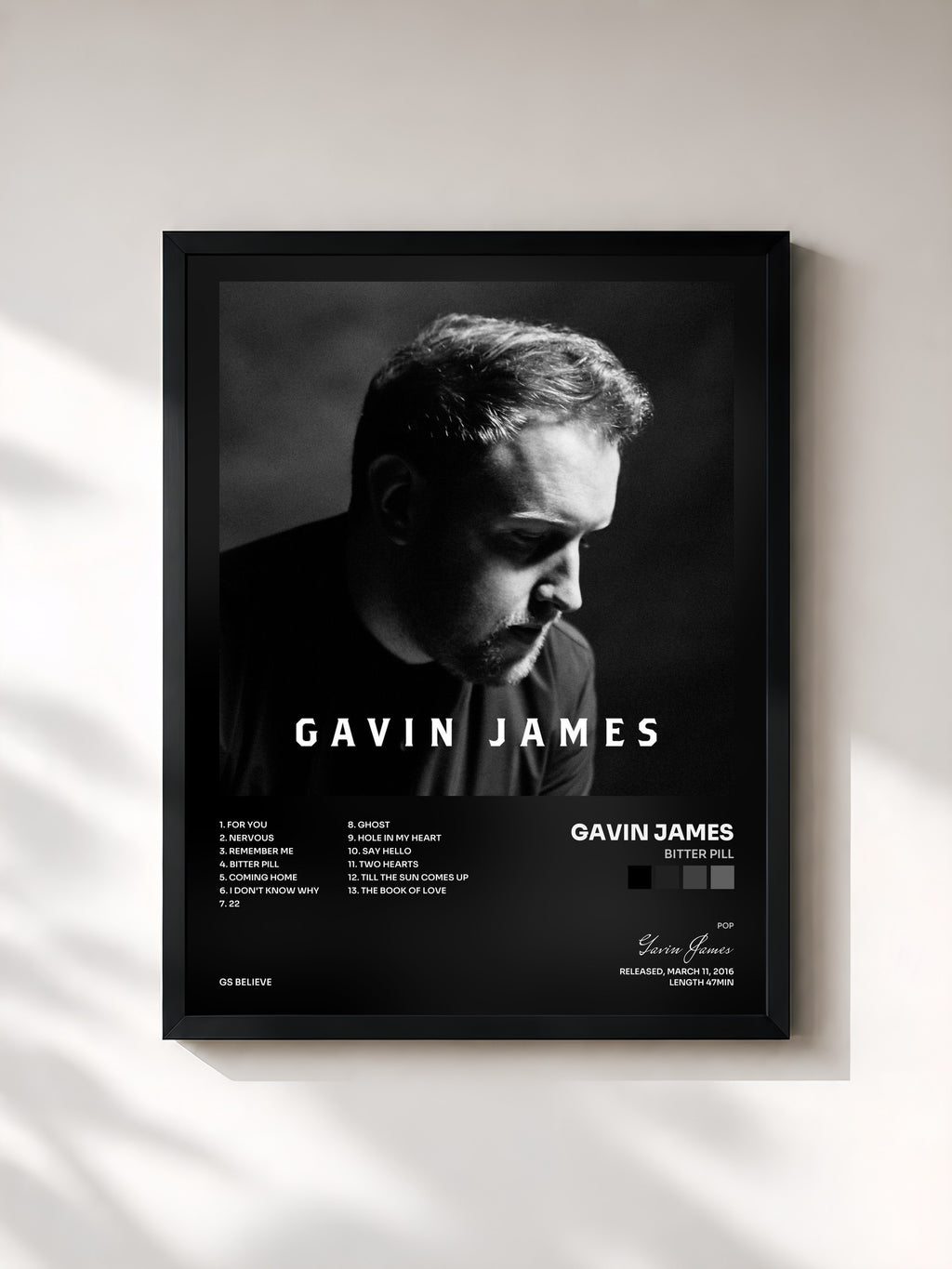 #noir Tableau de l'album Bitter Pill de Gavin James, cadre noir, imprimé et encadré en France