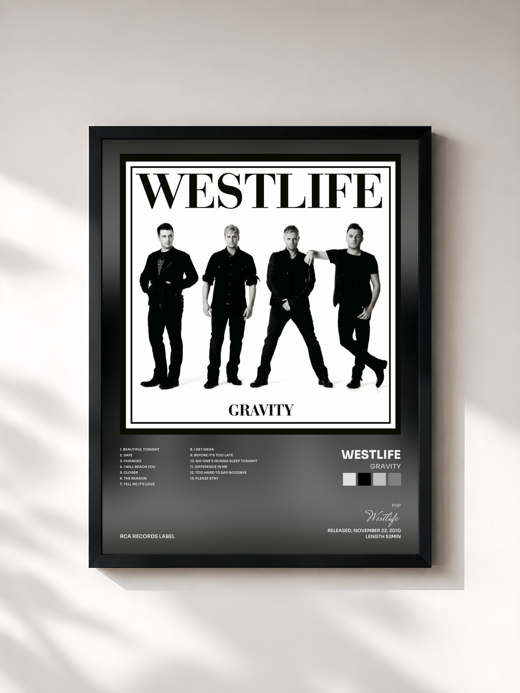 #noir Tableau de l'album Gravity de Westlife, cadre noir, imprimé et encadré en France
