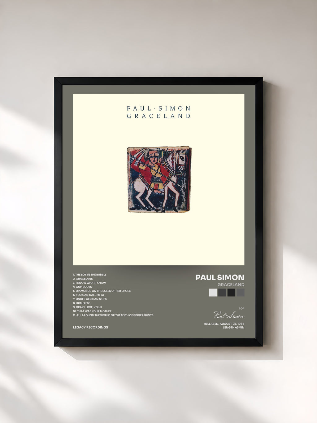 #noir Tableau de l'album Graceland de Paul Simon, cadre noir, imprimé et encadré en France