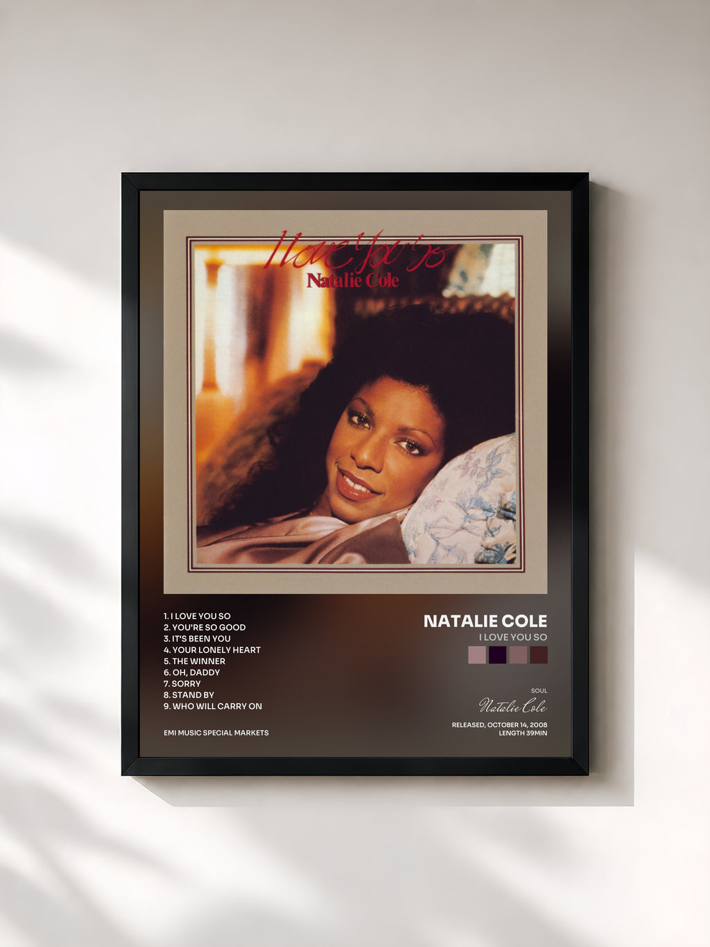 #noir Tableau de l'album I Love You So de Natalie Cole, cadre noir, imprimé et encadré en France