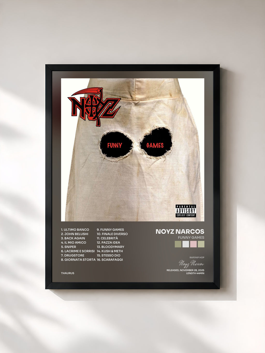 #noir Tableau de l'album FUNNY GAMES de Noyz Narcos, cadre noir, imprimé et encadré en France