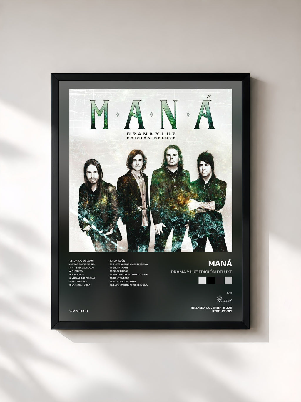#noir Tableau de l'album Drama Y Luz Edición Deluxe de Maná, cadre noir, imprimé et encadré en France