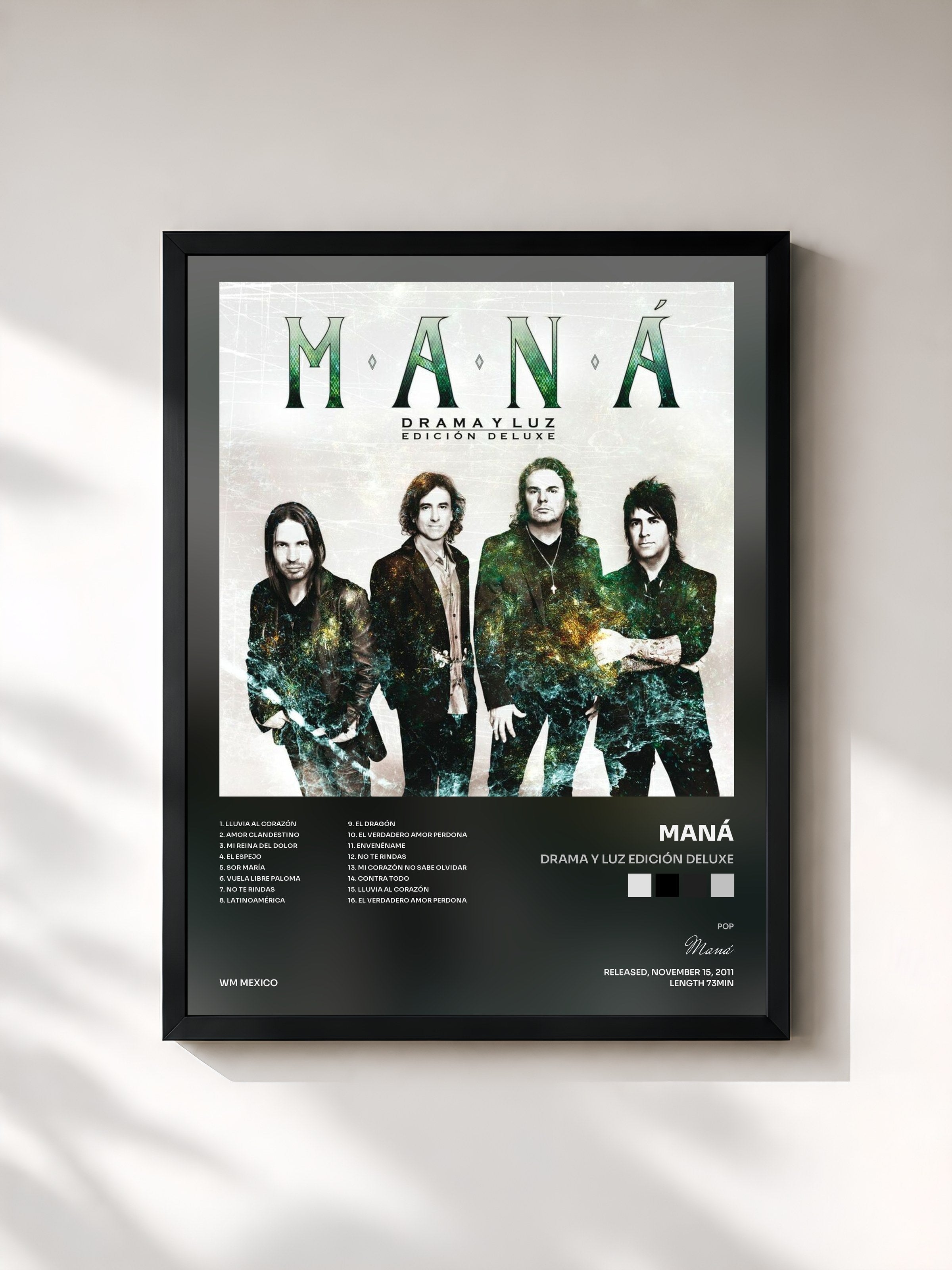 #noir Tableau de l'album Drama Y Luz Edición Deluxe de Maná, cadre noir, imprimé et encadré en France