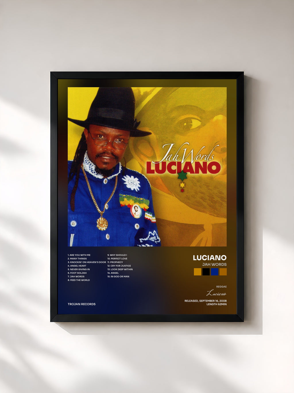 #noir Tableau de l'album Jah Words de Luciano, cadre noir, imprimé et encadré en France