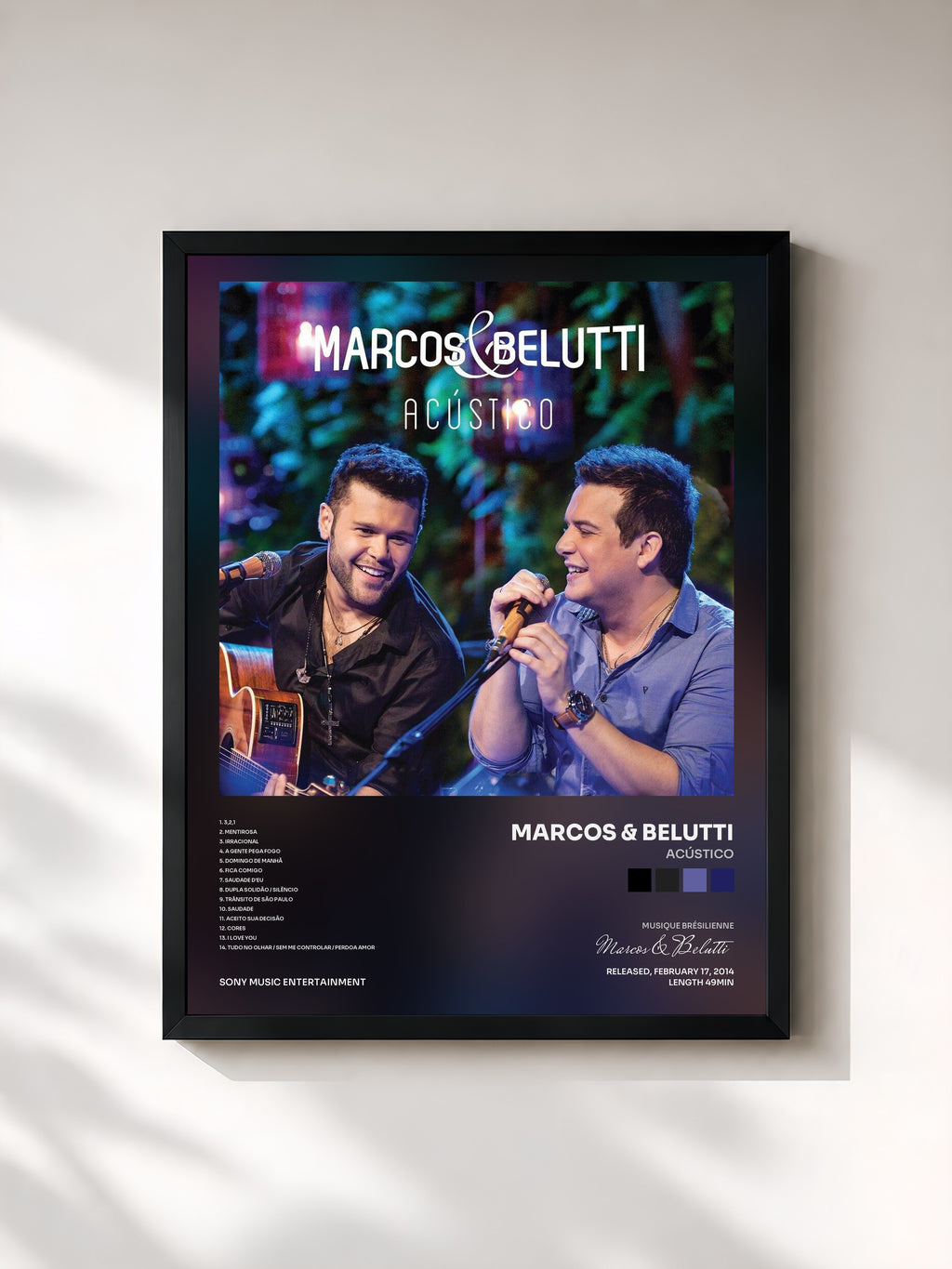 #noir Tableau de l'album Acústico de Marcos & Belutti, cadre noir, imprimé et encadré en France