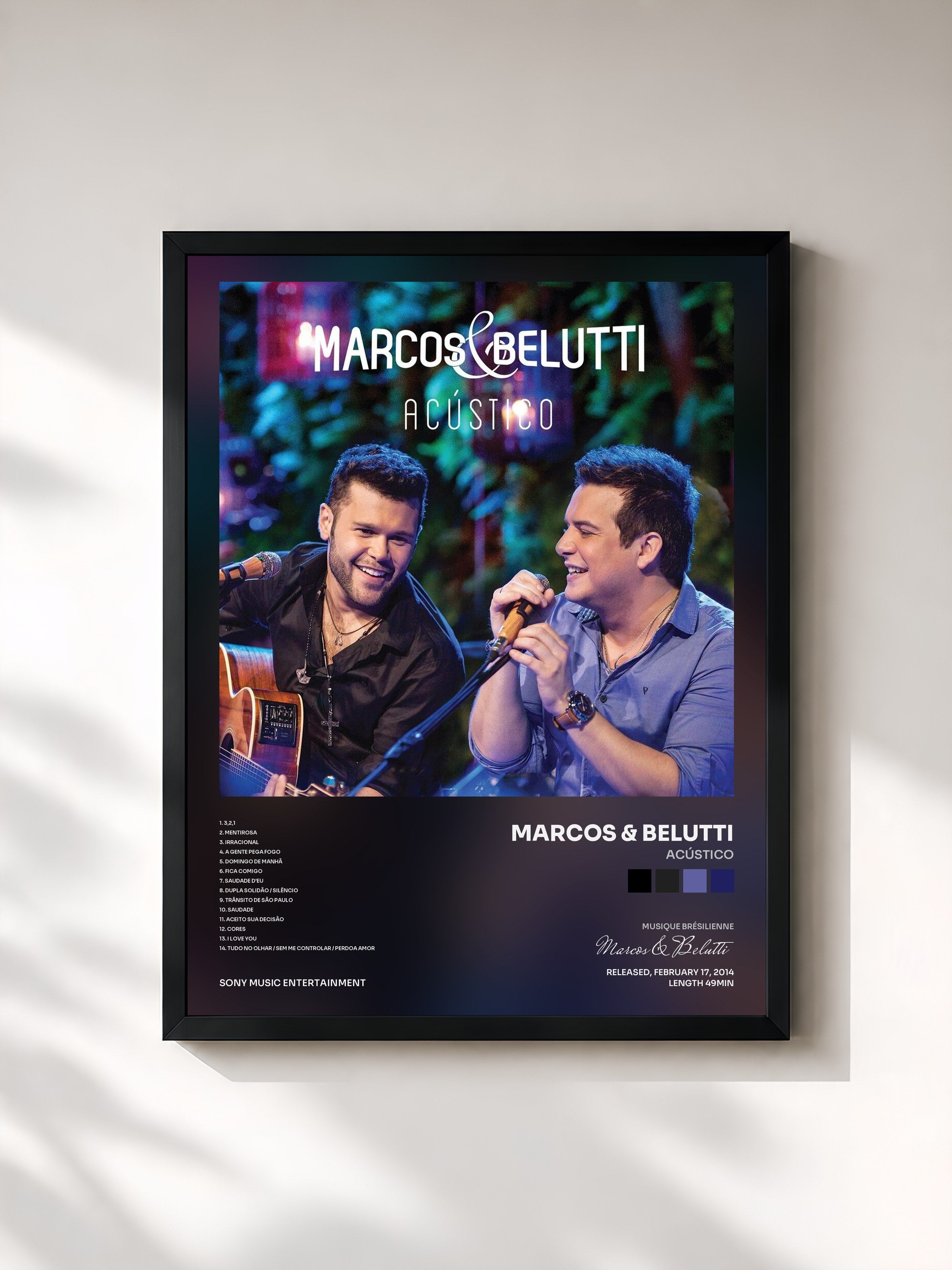 #noir Tableau de l'album Acústico de Marcos & Belutti, cadre noir, imprimé et encadré en France