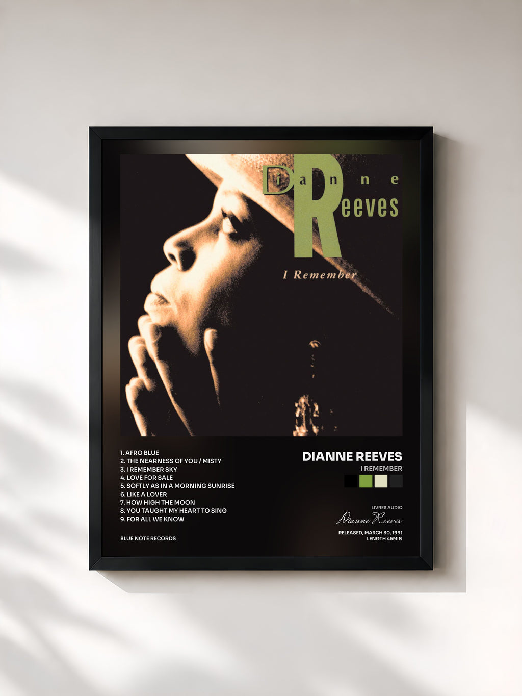 #noir Tableau de l'album I Remember de Dianne Reeves, cadre noir, imprimé et encadré en France